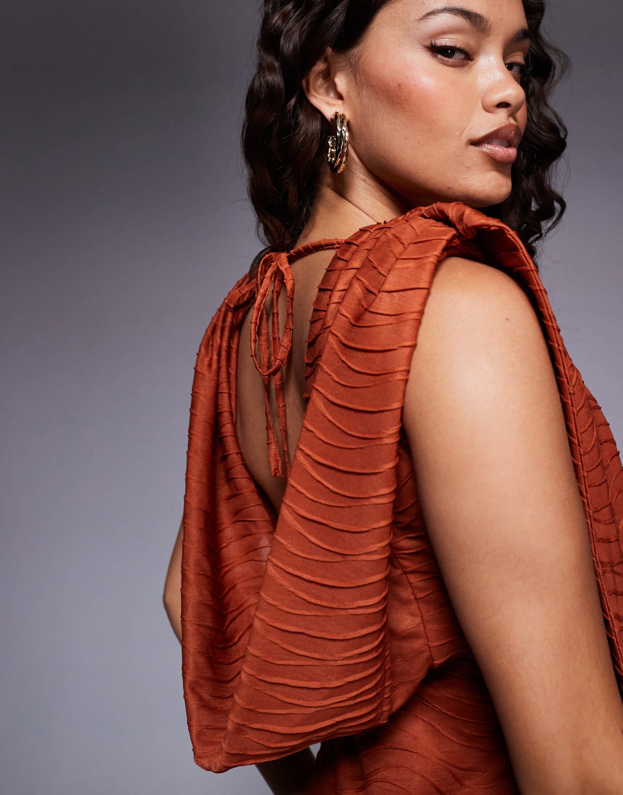 ASOS DESIGN Petite textured slash neck mini dress with draped sash detail in orange