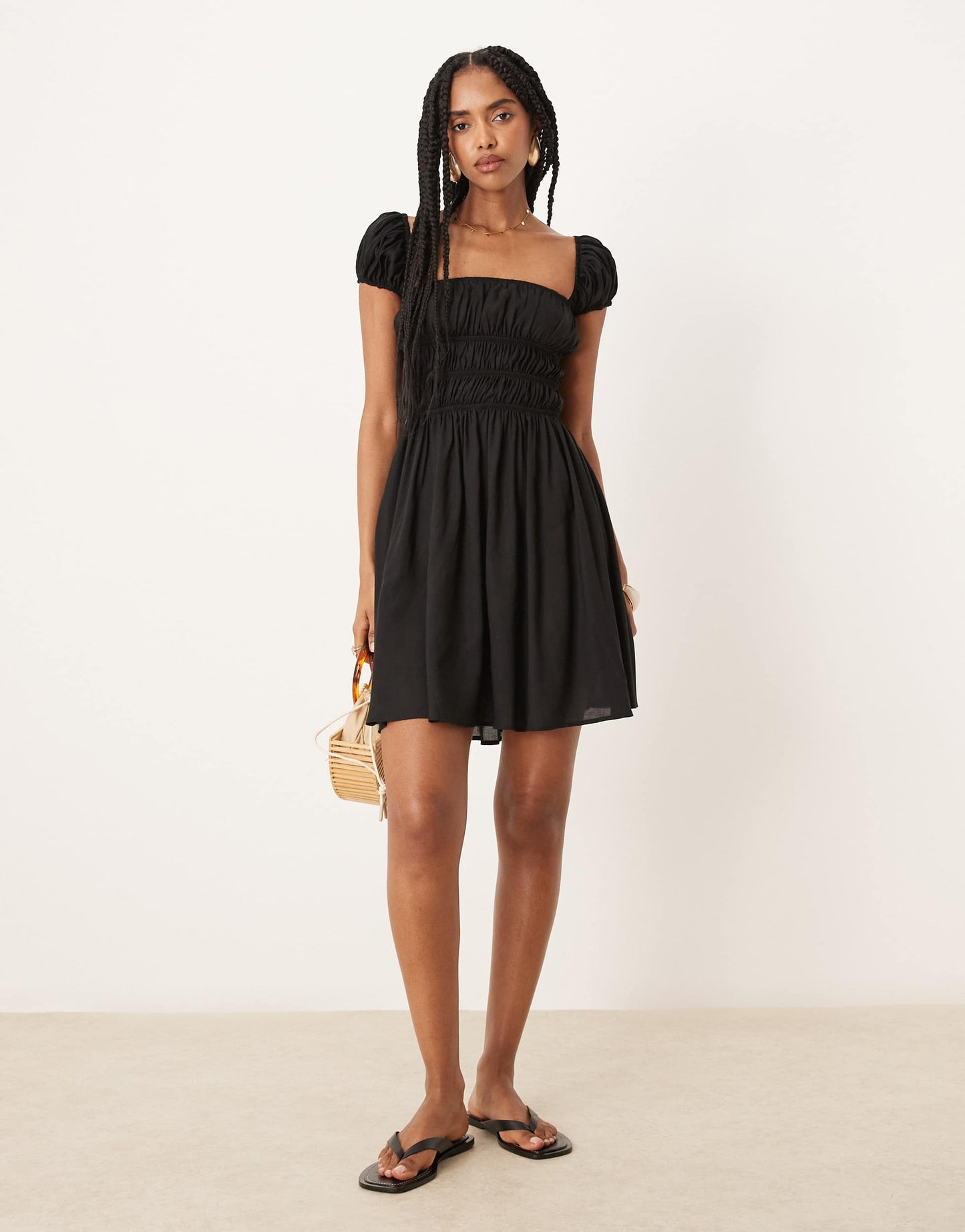 ASOS DESIGN square neck mini dress with cinched channel waist in black