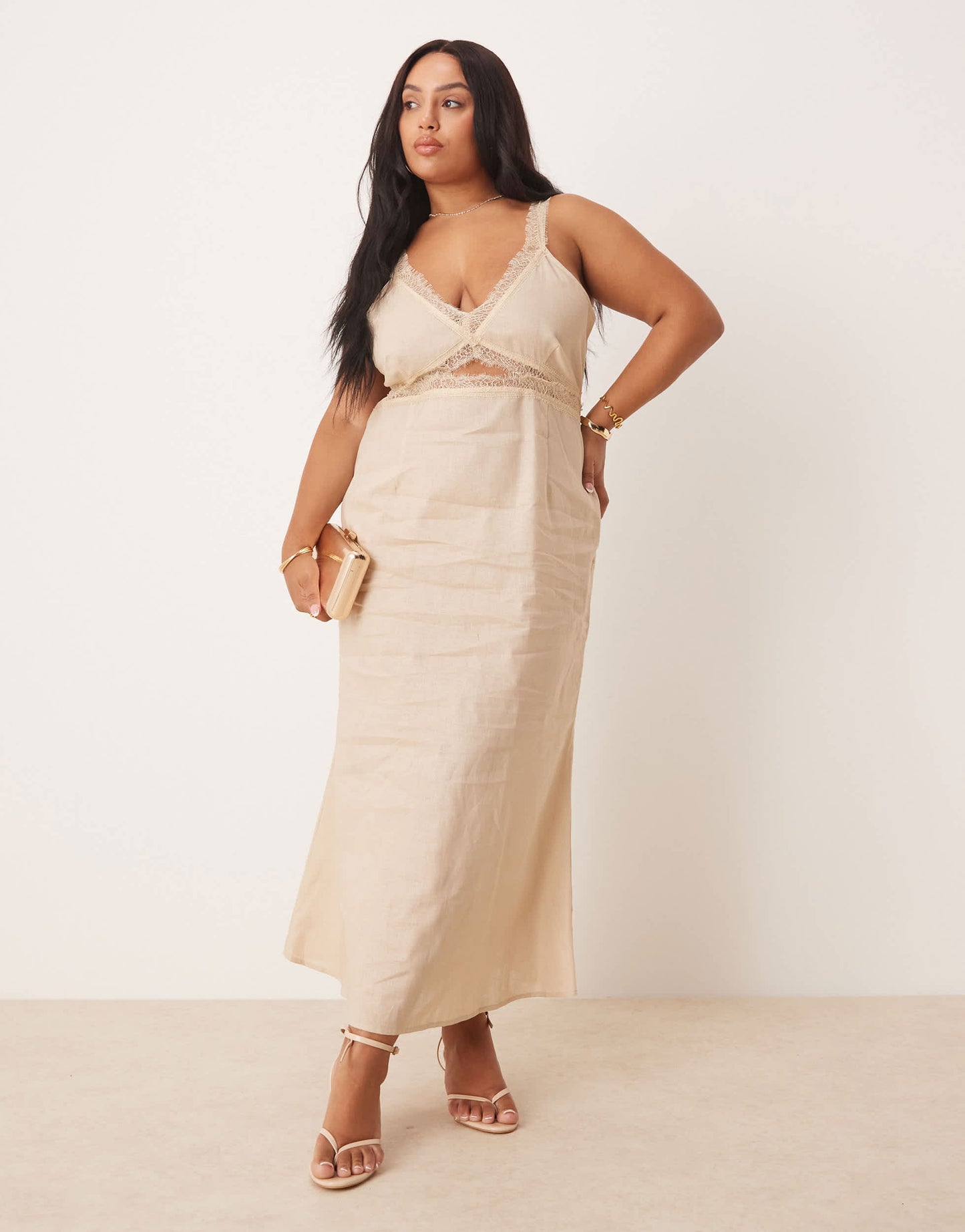 Never Fully Dressed Plus Mimi linen cut-out midaxi dress in oatmeal