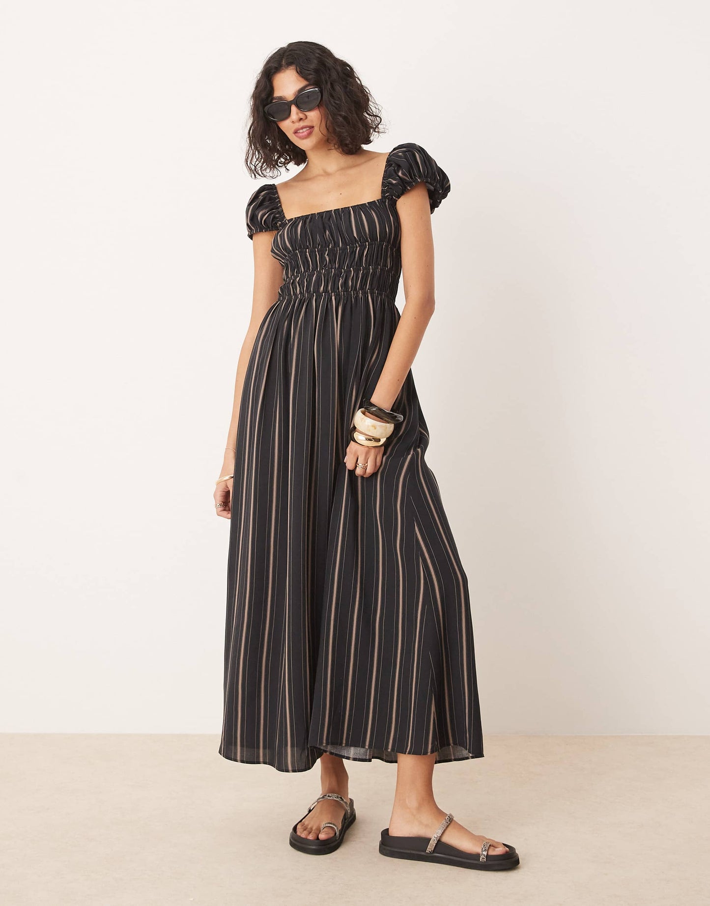 ASOS DESIGN square neck midi dress with cinched channel waist in stripe