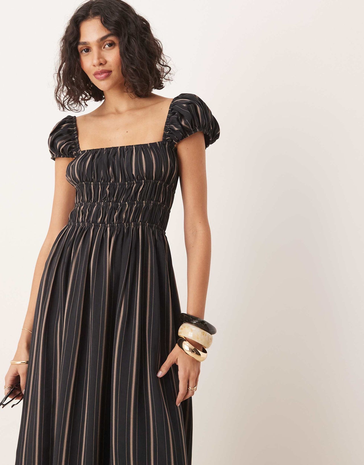 ASOS DESIGN square neck midi dress with cinched channel waist in stripe