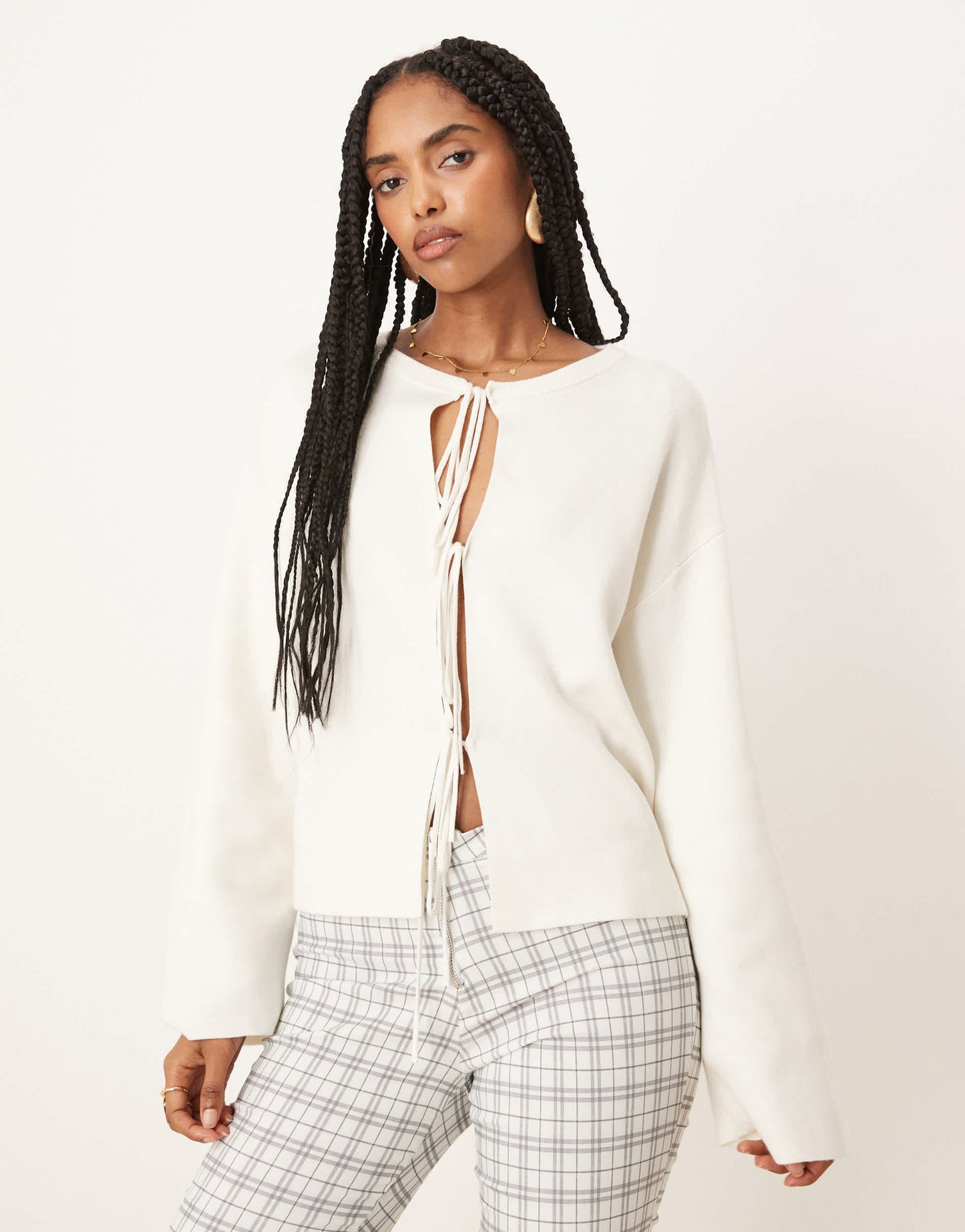 Gina Tricot lightweight knit tie cardigan top in cream