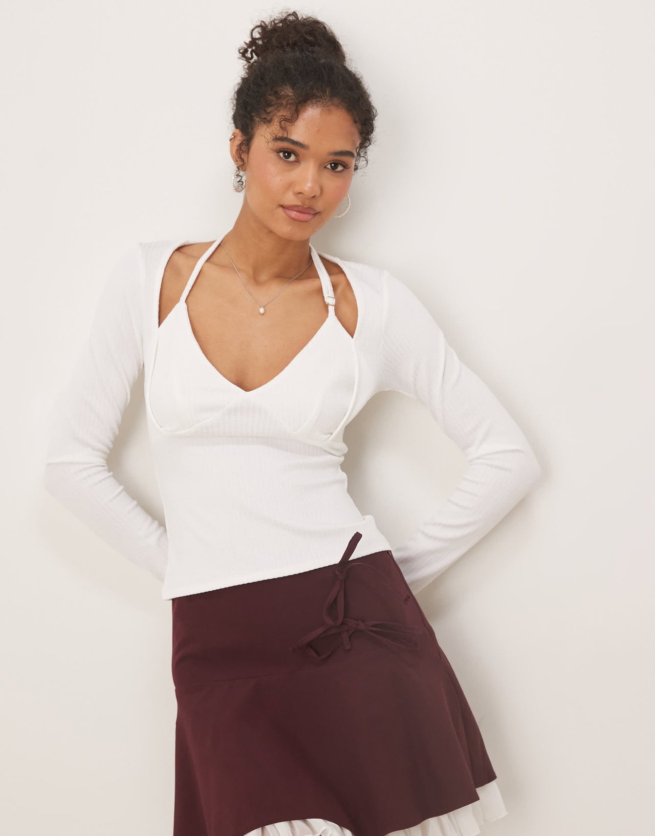 ASOS DESIGN rib halter neck long sleeve top in white