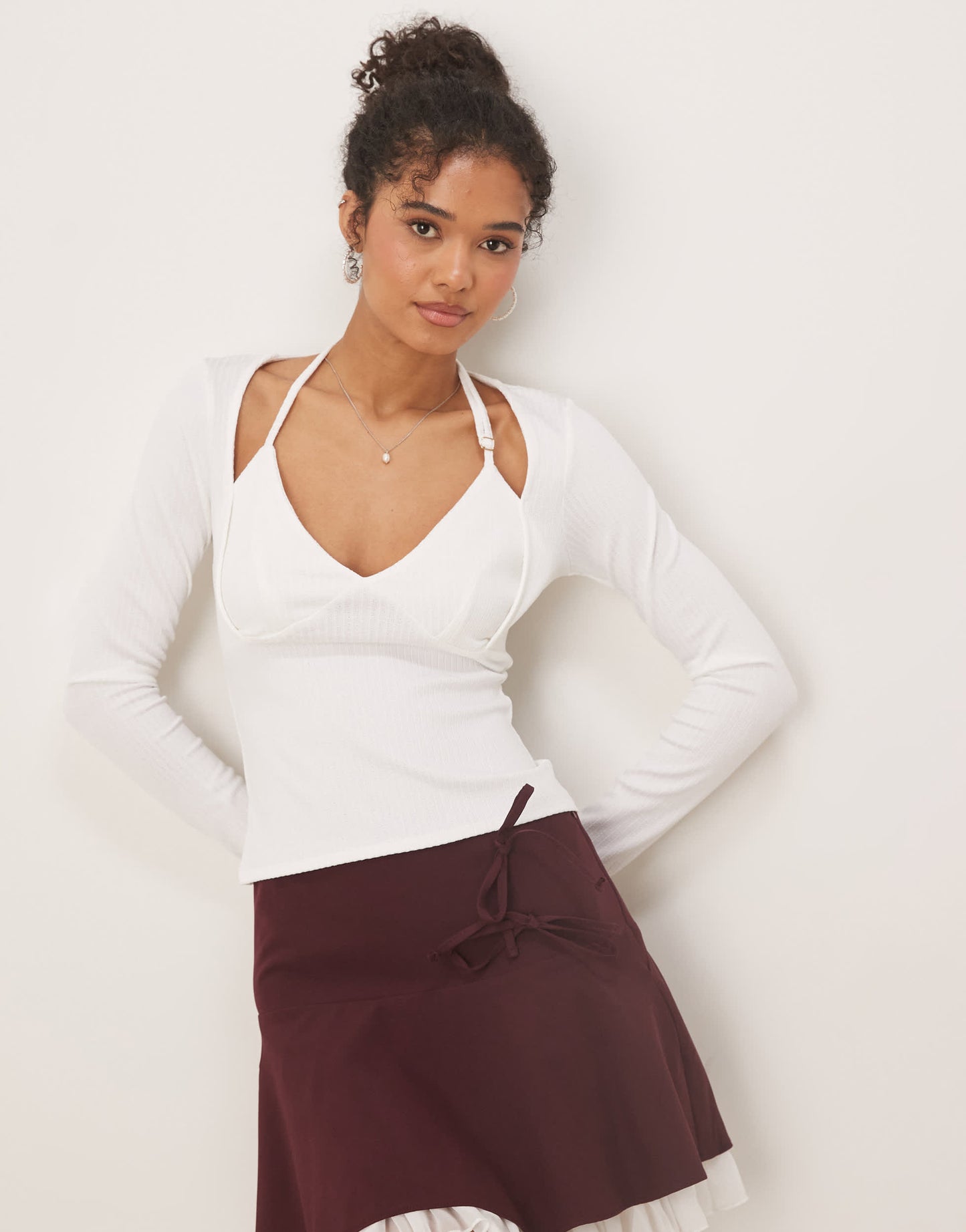 ASOS DESIGN rib halter neck long sleeve top in white
