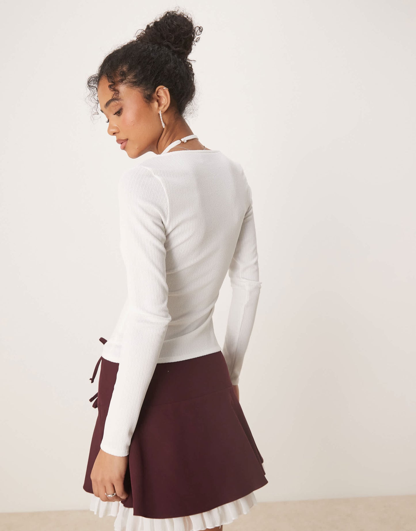 ASOS DESIGN rib halter neck long sleeve top in white