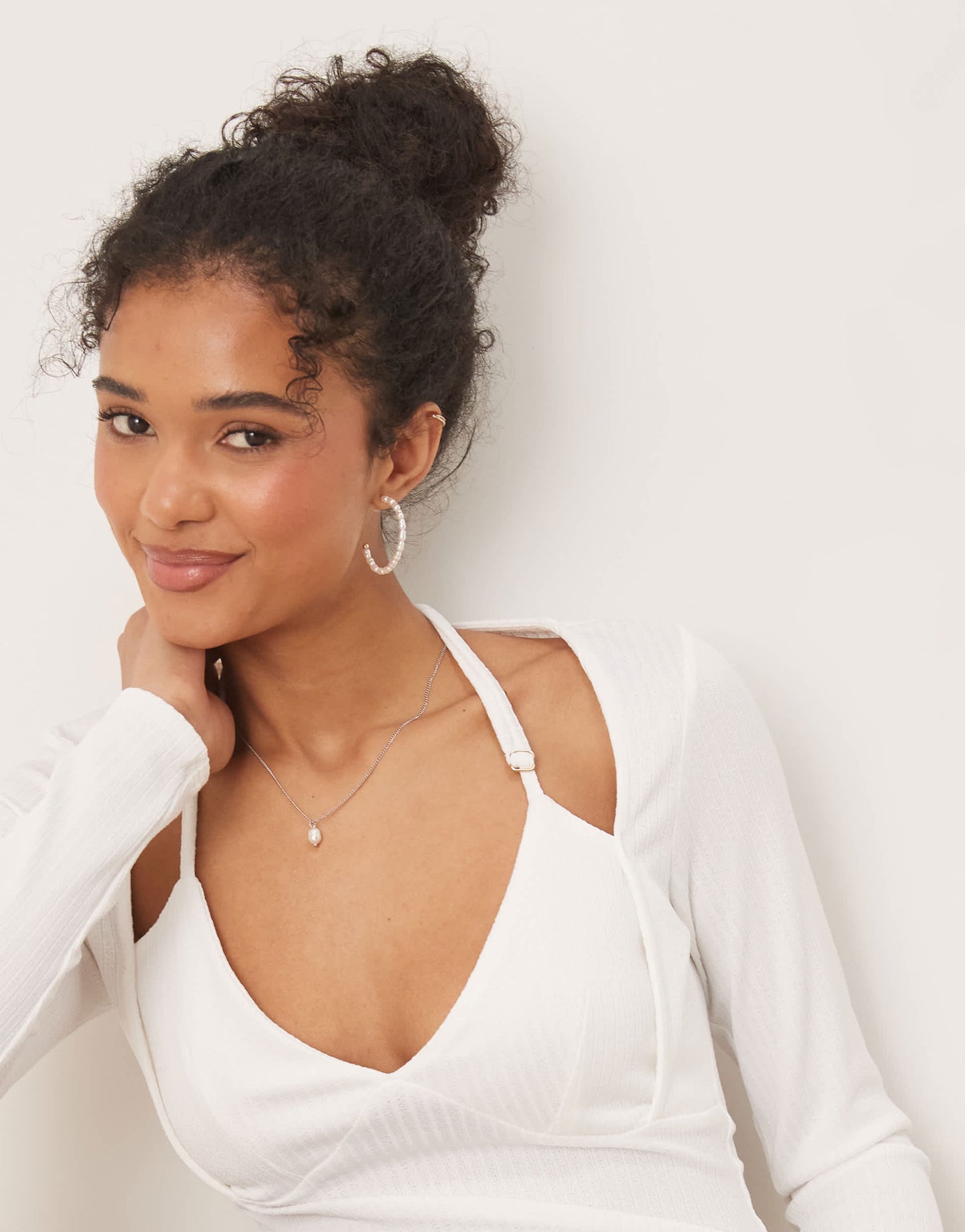 ASOS DESIGN rib halter neck long sleeve top in white