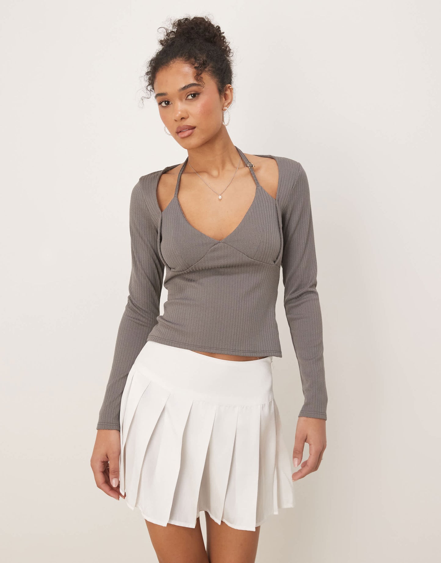ASOS DESIGN rib halter neck long sleeve top in grey