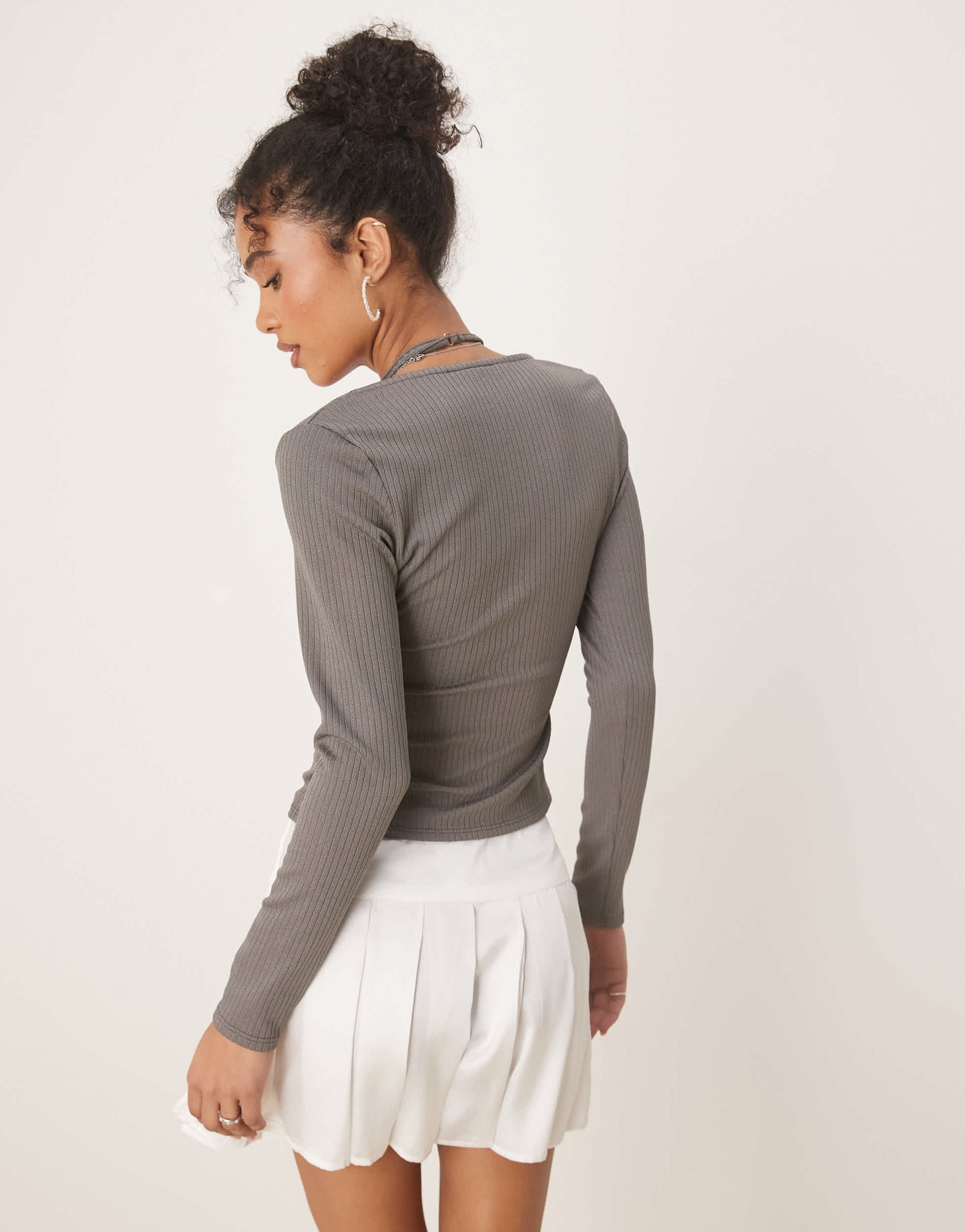 ASOS DESIGN rib halter neck long sleeve top in grey