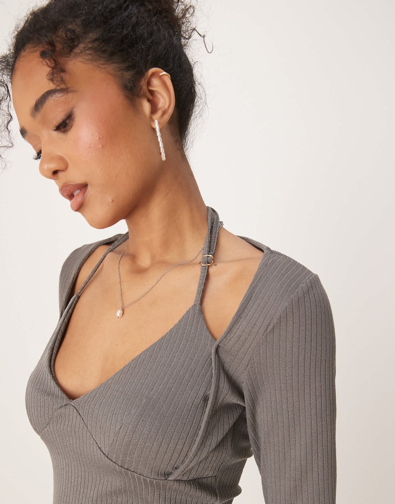 ASOS DESIGN rib halter neck long sleeve top in grey