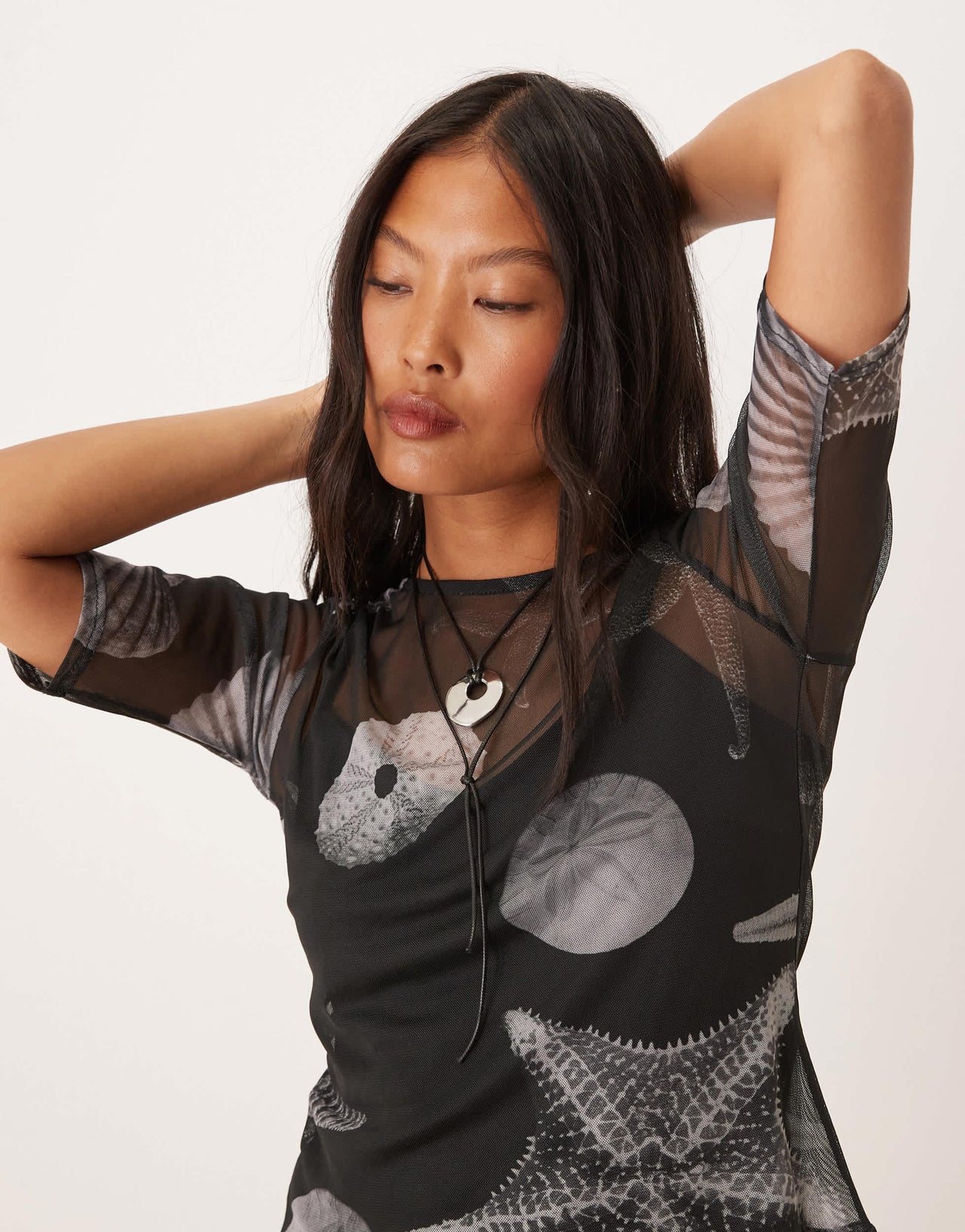 Never Fully Dressed Petite seashell print mesh t-shirt co-ord in black