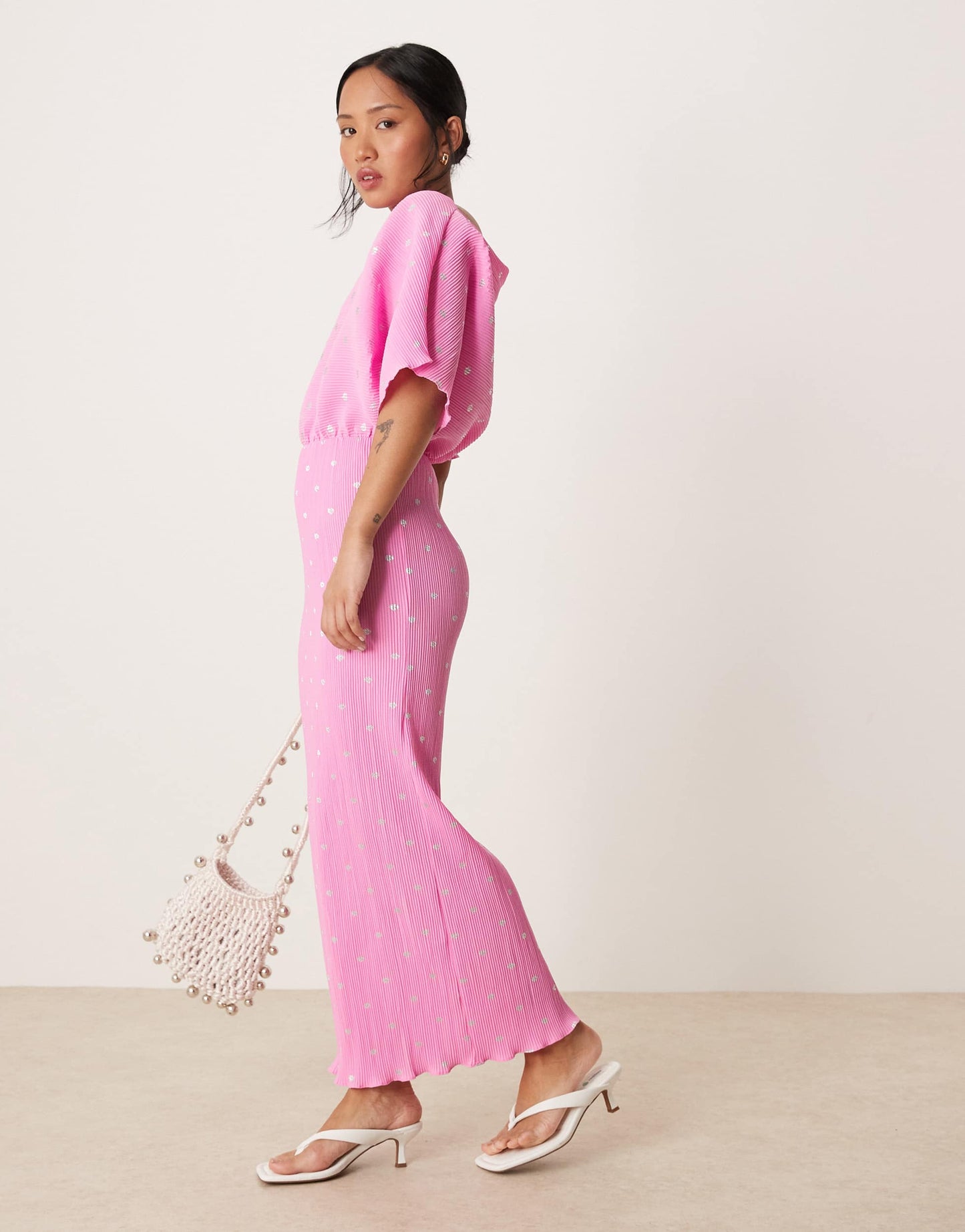 Never Fully Dressed Petite Tilly off shoulder plisse maxi dress in pink