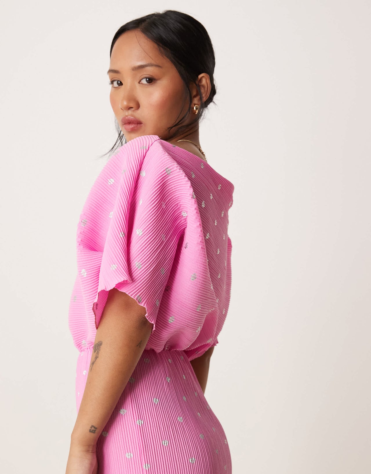 Never Fully Dressed Petite Tilly off shoulder plisse maxi dress in pink