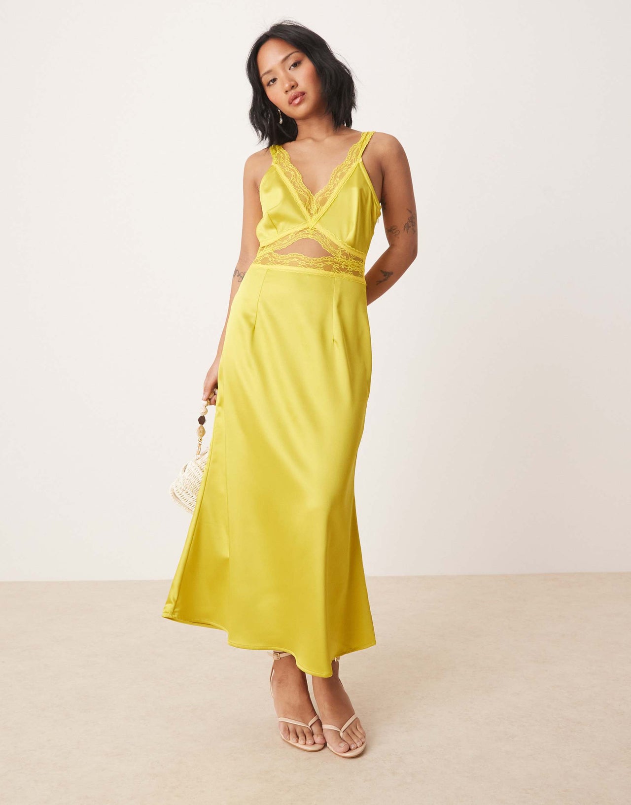 Never Fully Dressed Petite Mimi lace cut-out satin midaxi dress in olive