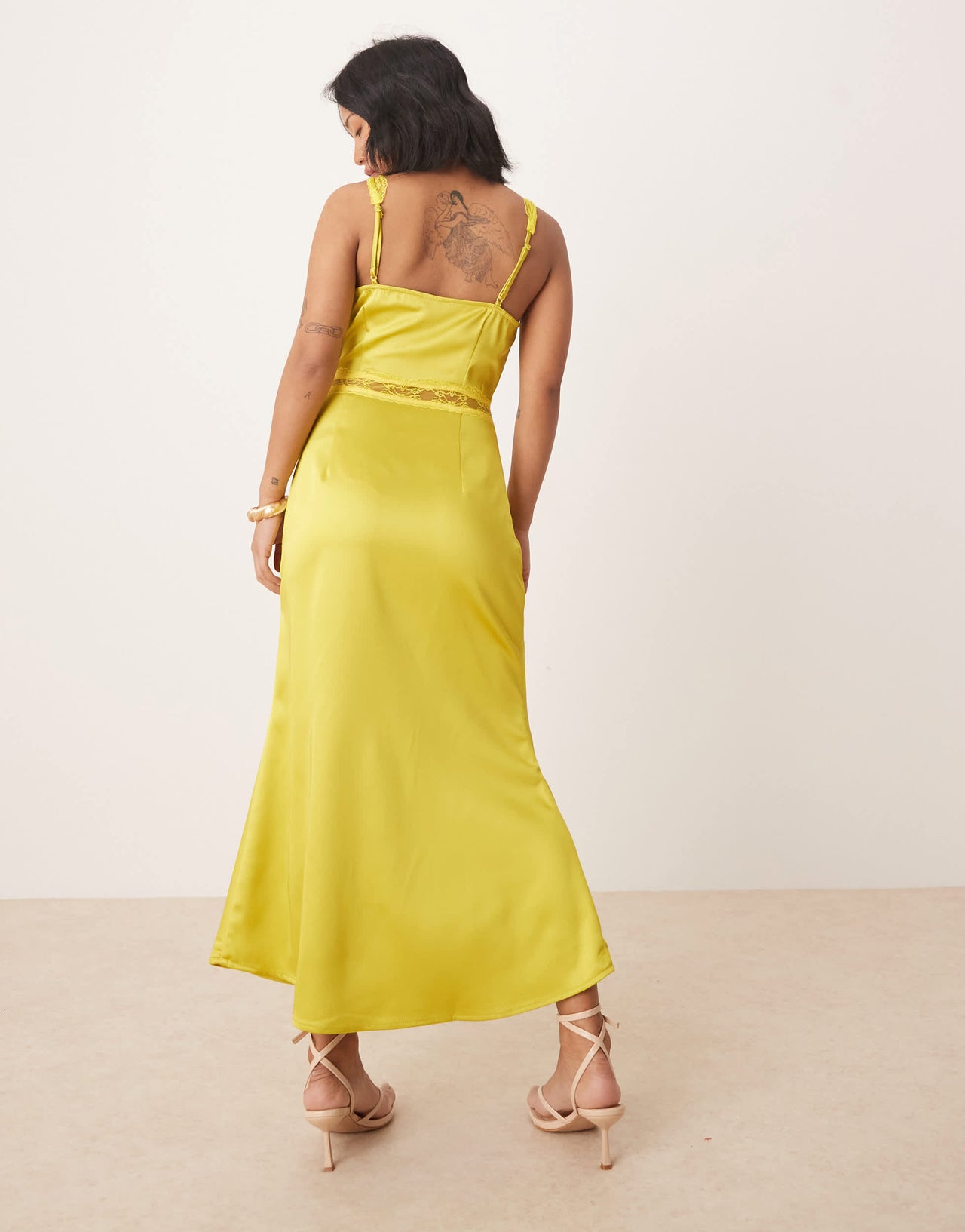 Never Fully Dressed Petite Mimi lace cut-out satin midaxi dress in olive