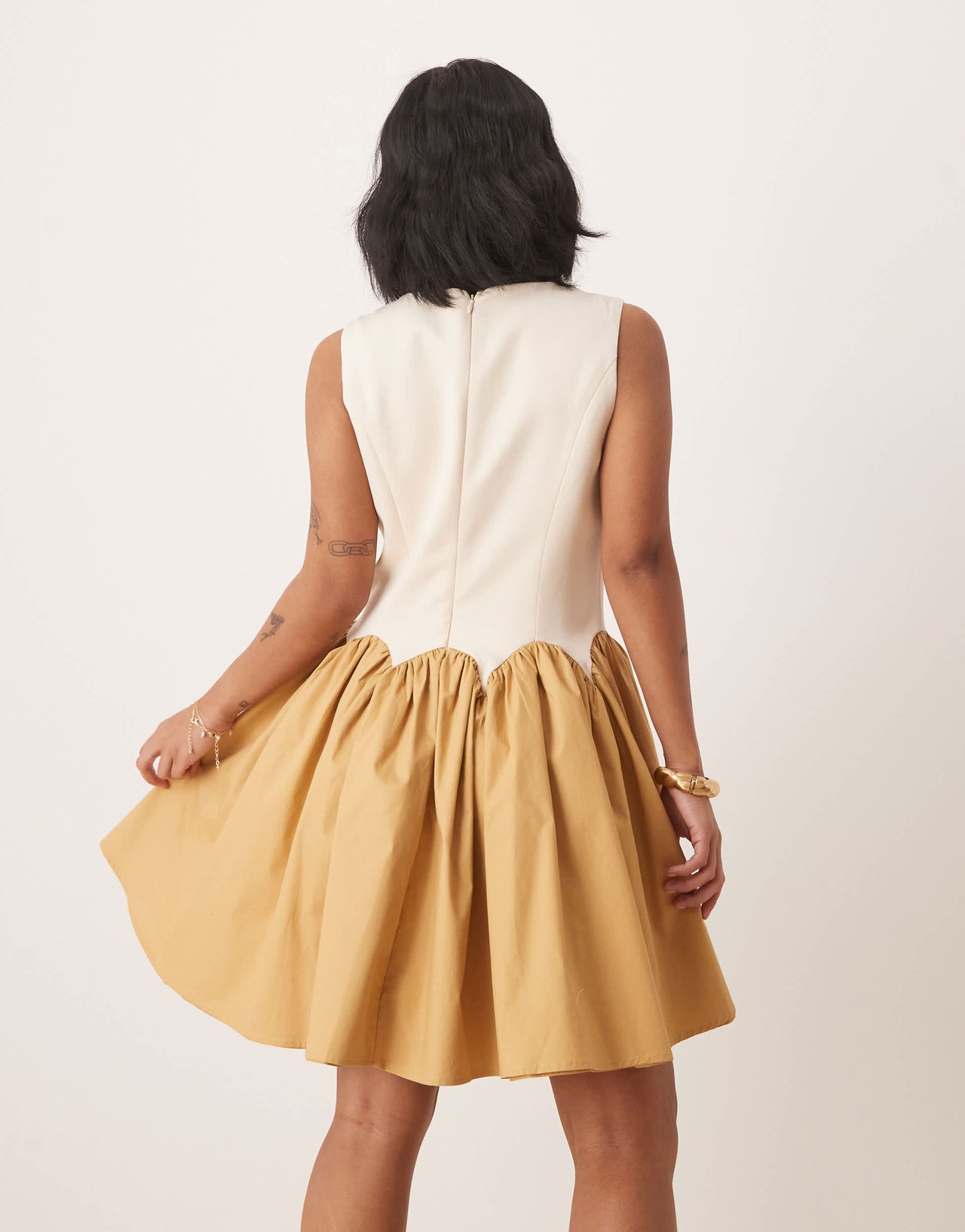 Never Fully Dressed Petite contrast drop hem mini dress in camel