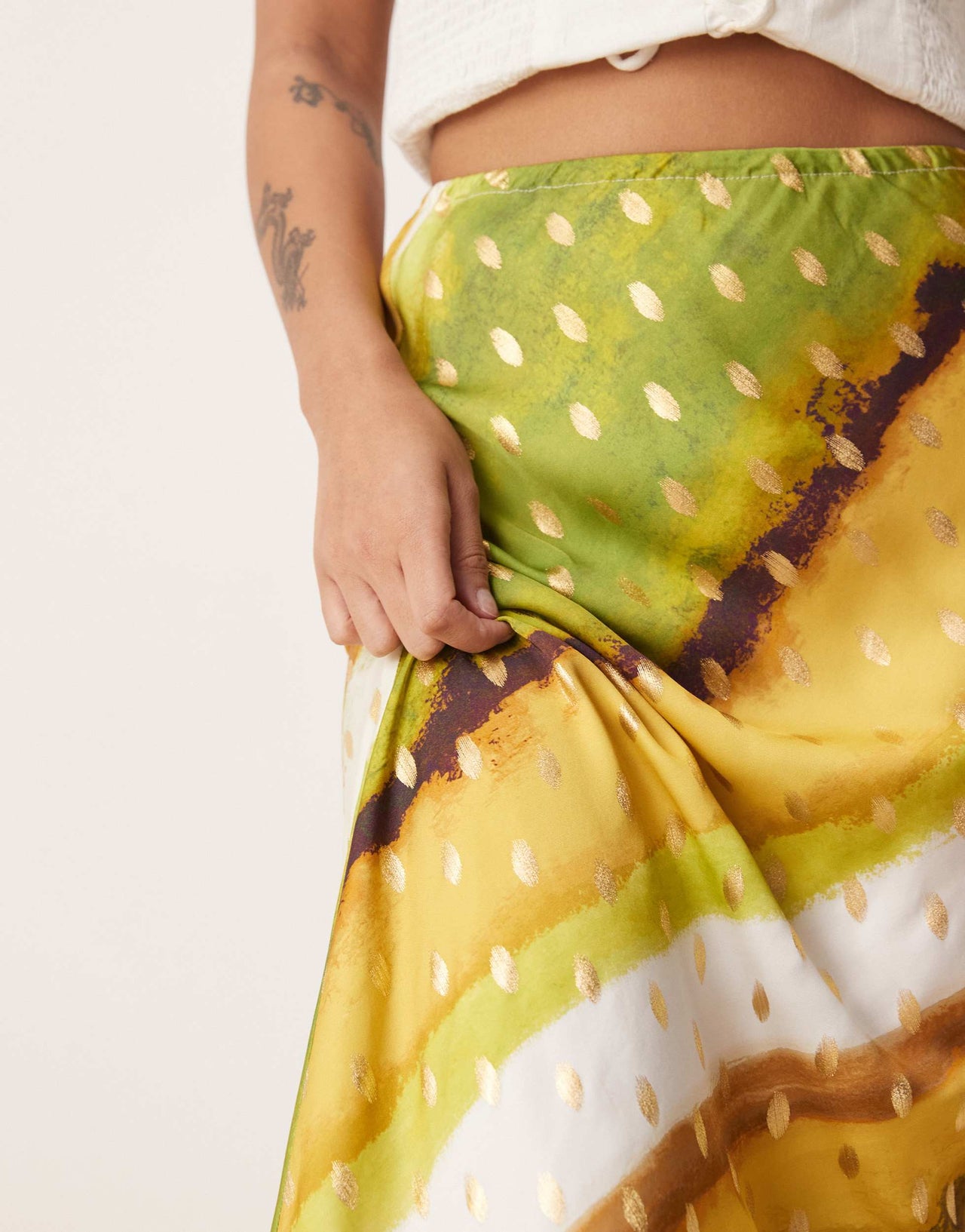 Never Fully Dressed Petite Dorris satin gold fleck maxi skirt in green print