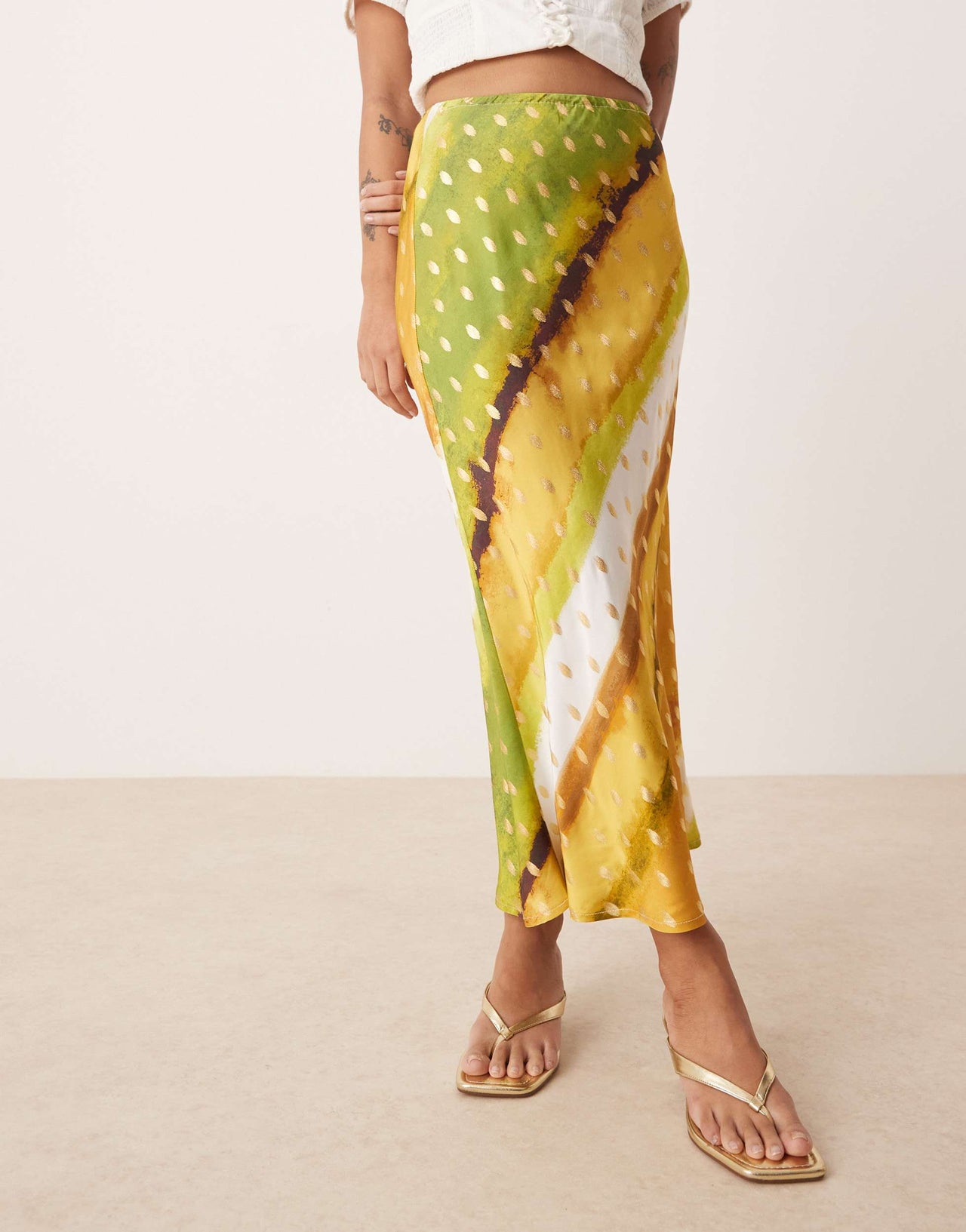 Never Fully Dressed Petite Dorris satin gold fleck maxi skirt in green print