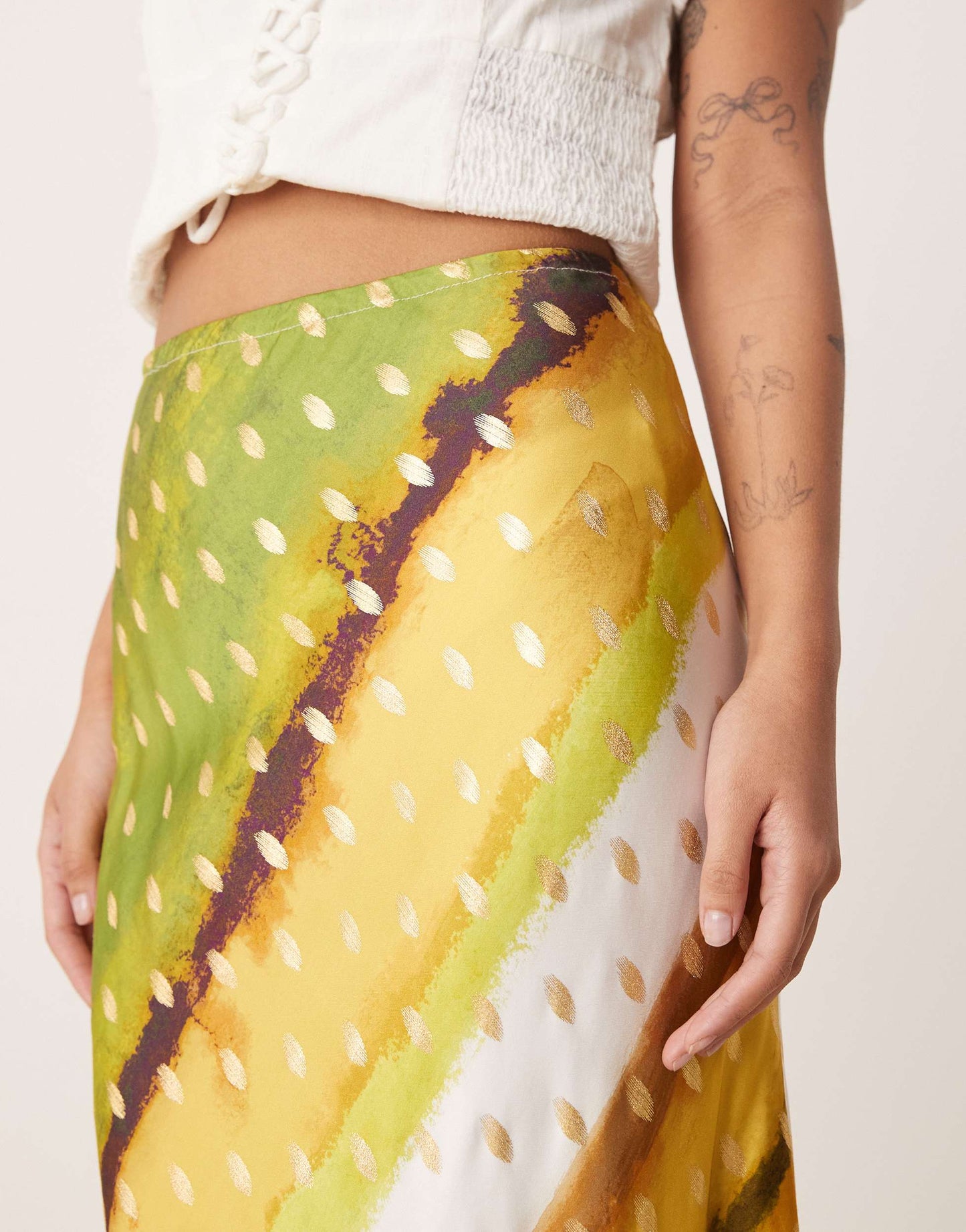 Never Fully Dressed Petite Dorris satin gold fleck maxi skirt in green print