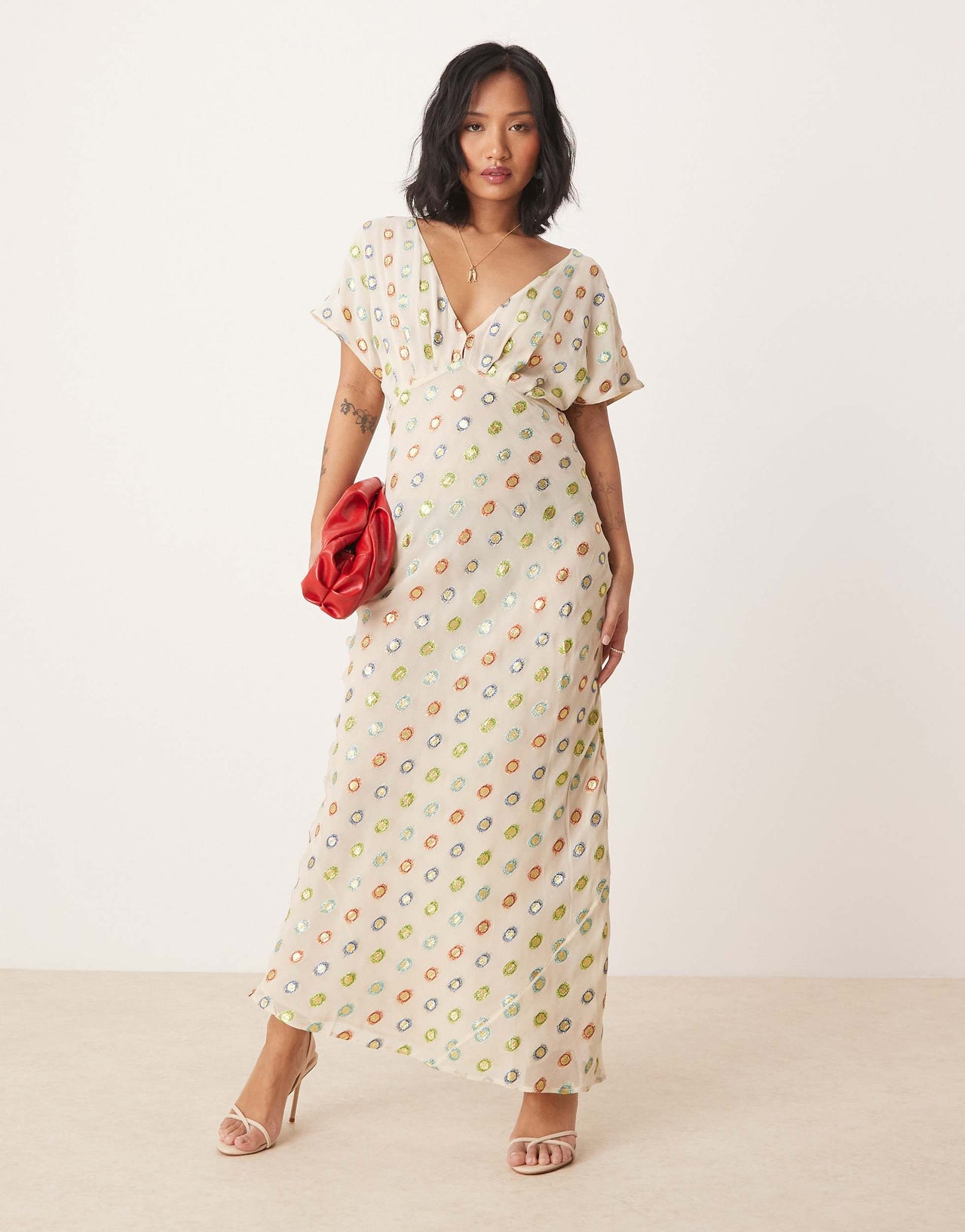 Never Fully Dressed Petite multi-colour gold foil maxi dress in cream