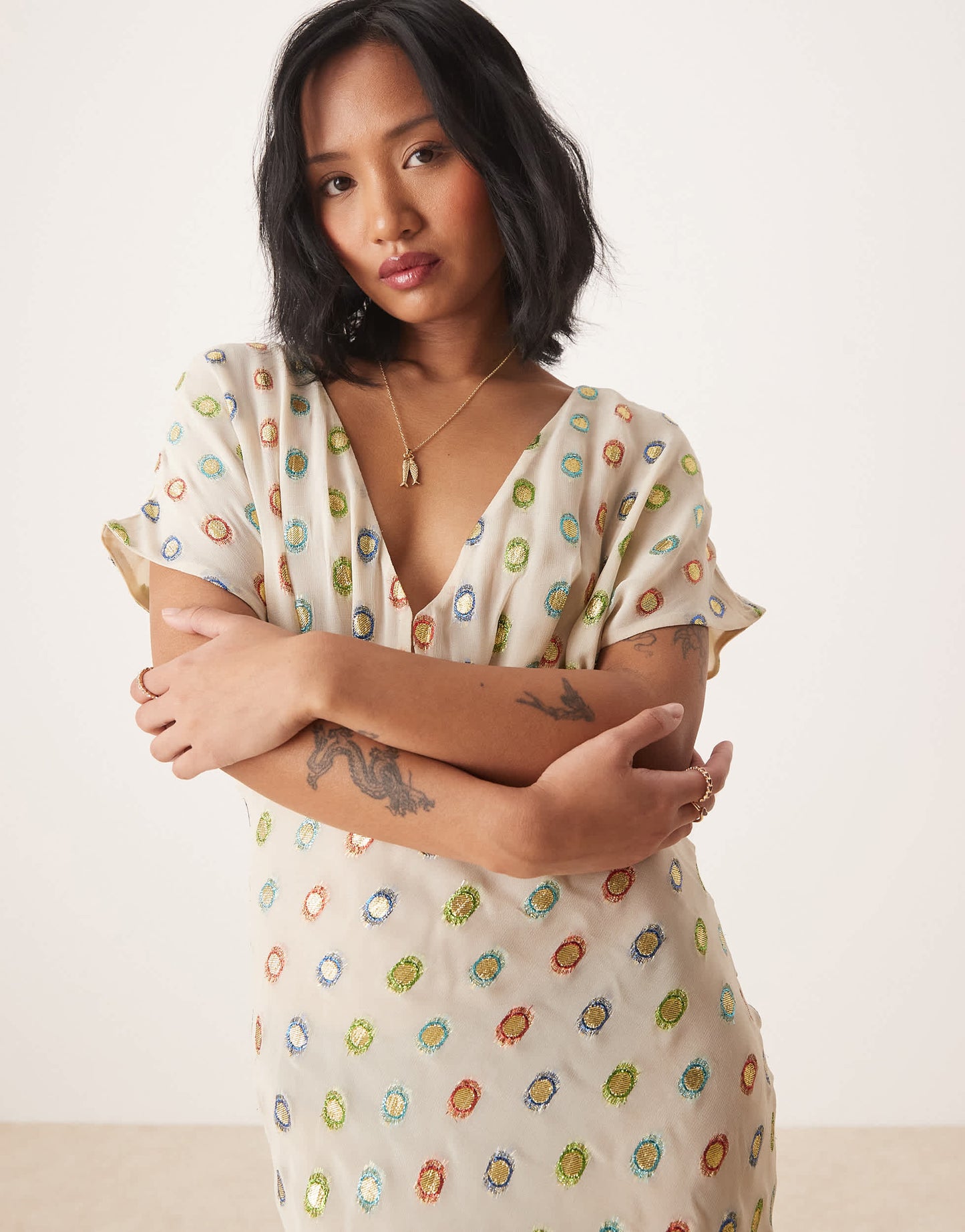 Never Fully Dressed Petite multi-colour gold foil maxi dress in cream