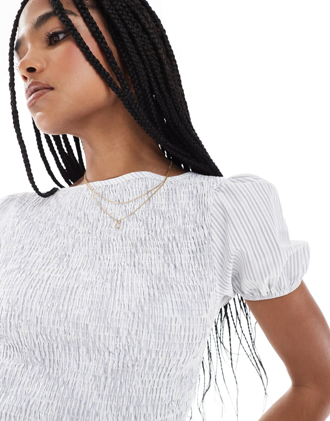 ASOS DESIGN shirred puff sleeve blouse in blue stripe