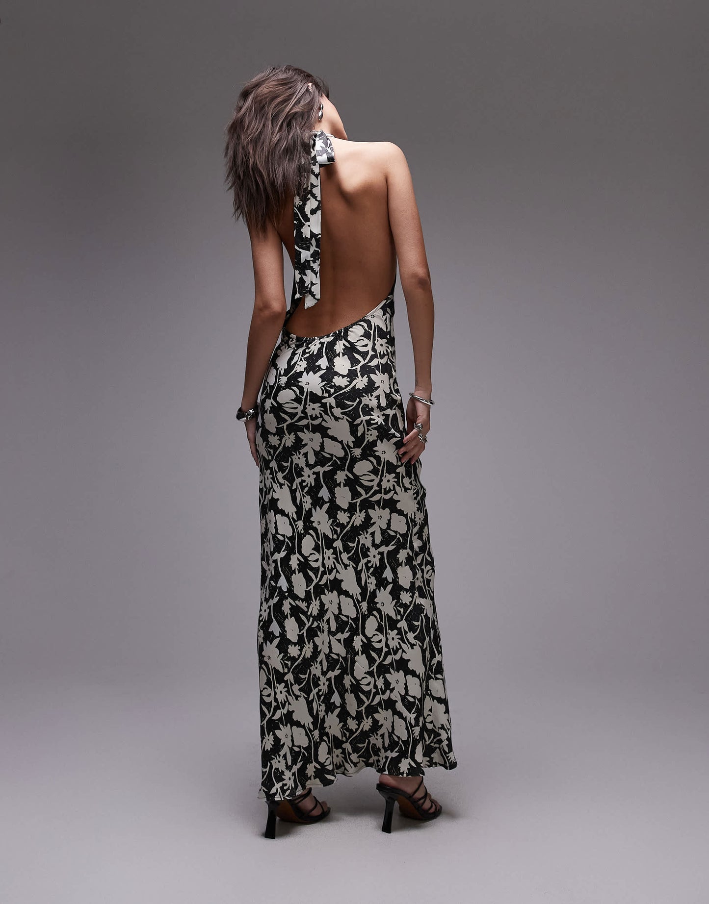 Topshop satin high cowl halter maxi dress in floral print