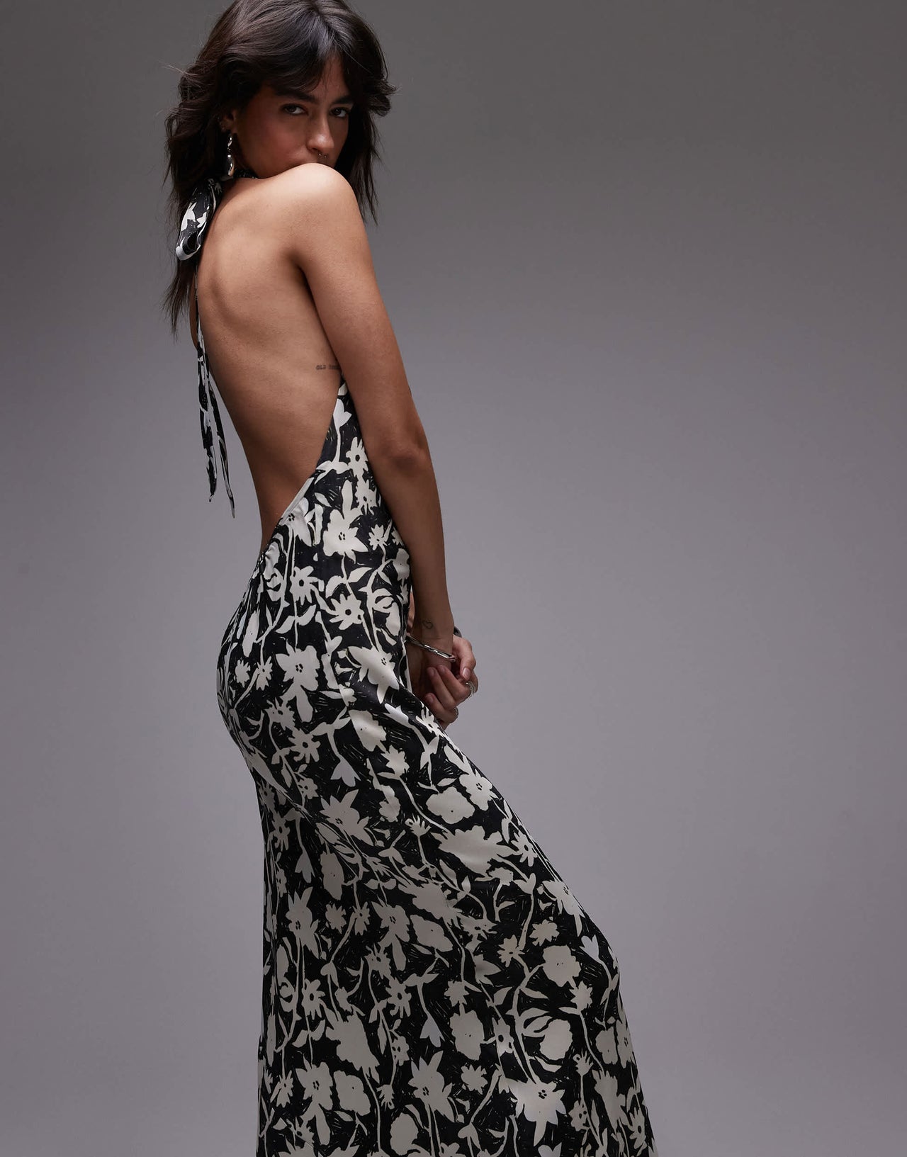 Topshop satin high cowl halter maxi dress in floral print