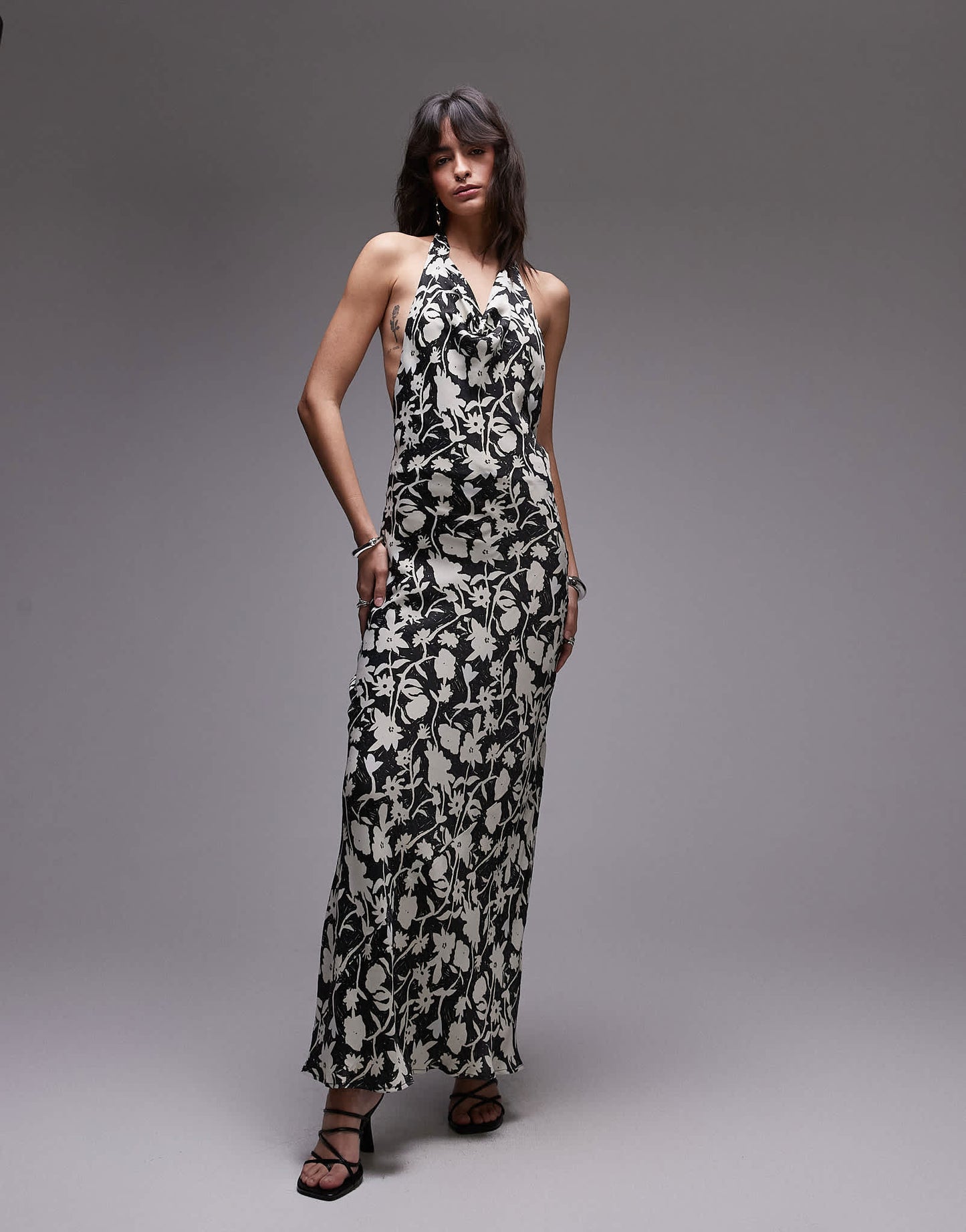 Topshop satin high cowl halter maxi dress in floral print