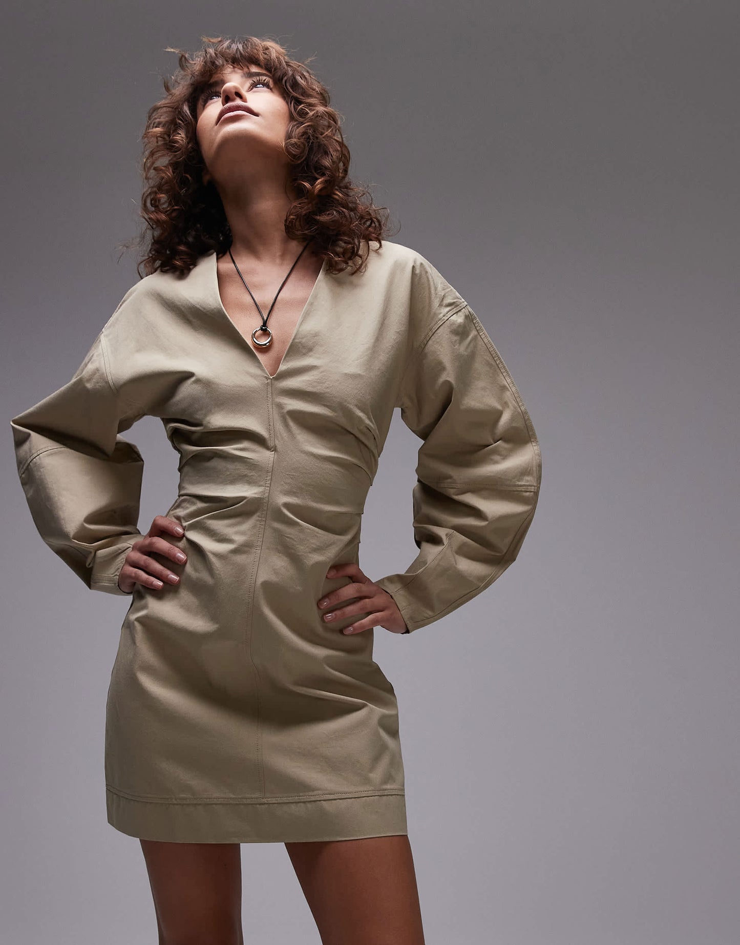 Topshop twill cinch barrel sleeve mini dress in khaki
