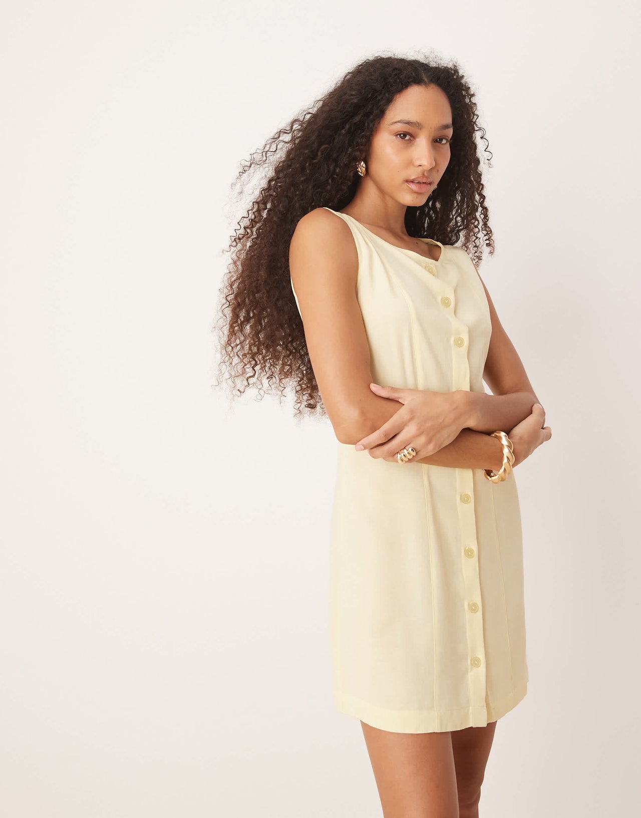 ASOS DESIGN linen blend button though mini dress in buttermilk