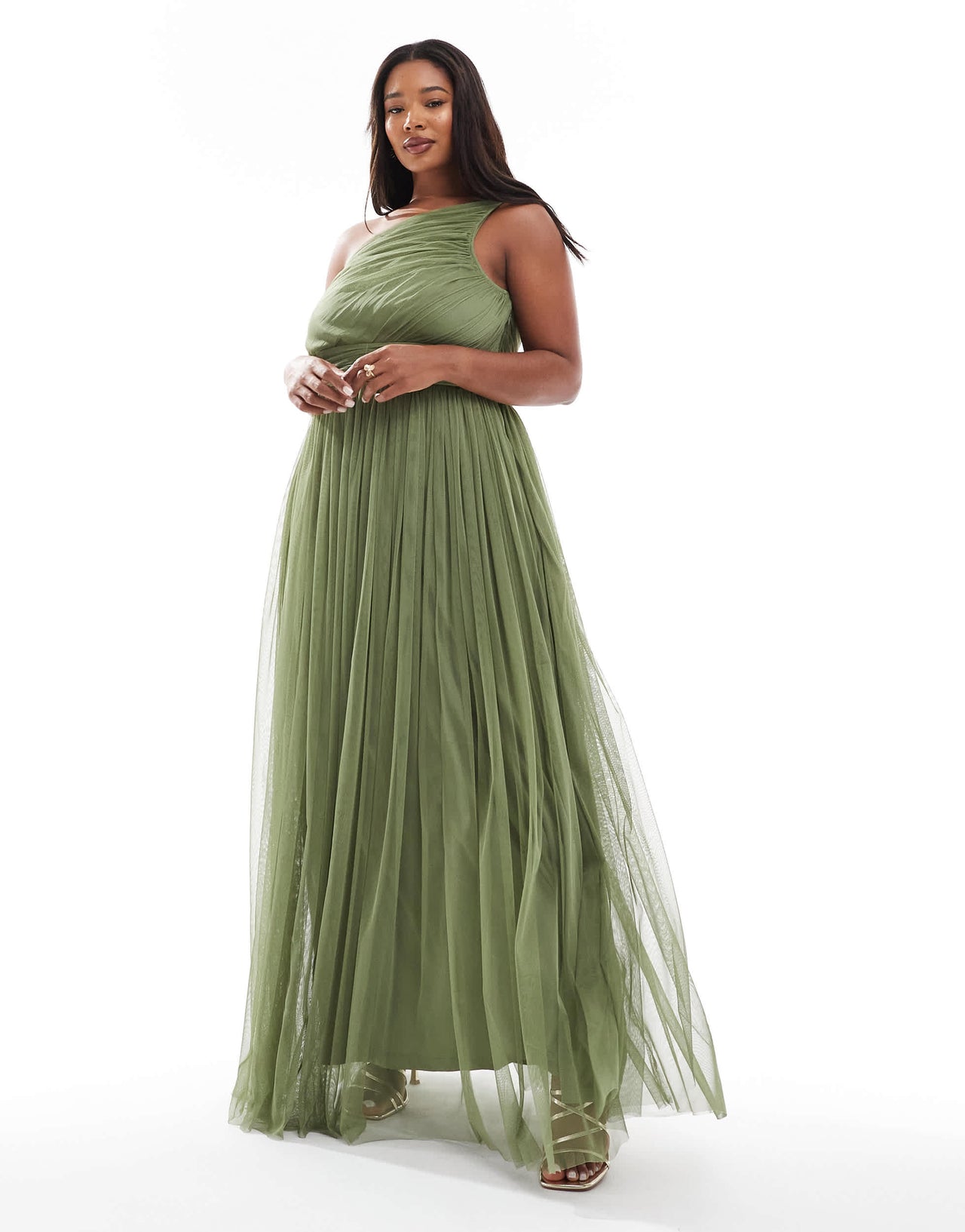 Lace & Beads Plus Bridesmaid one shoulder maxi dress in soft olive