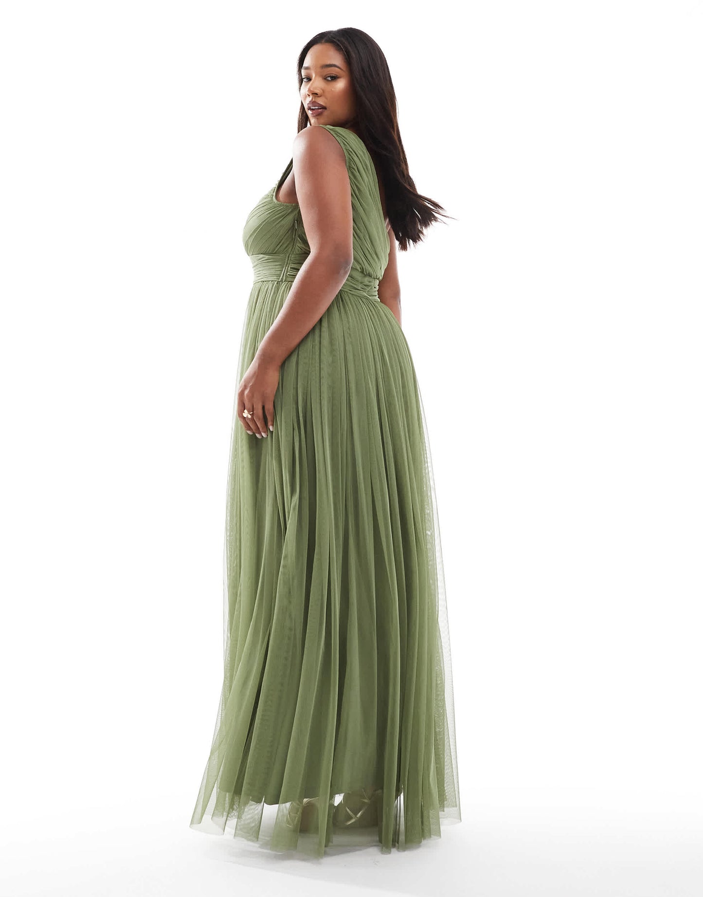 Lace & Beads Plus Bridesmaid one shoulder maxi dress in soft olive