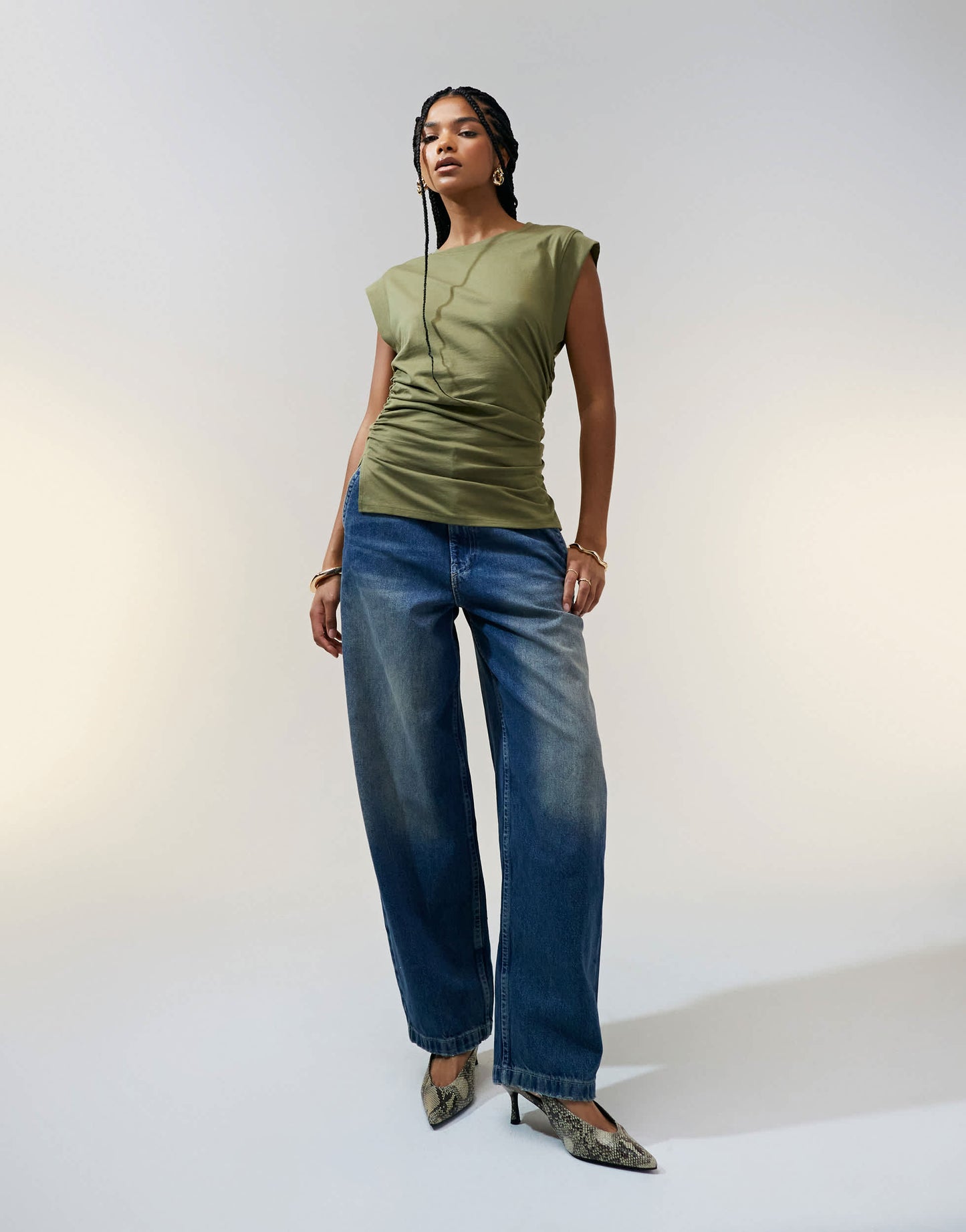 ASOS DESIGN corset waist sharp shoulder tank top  in khaki