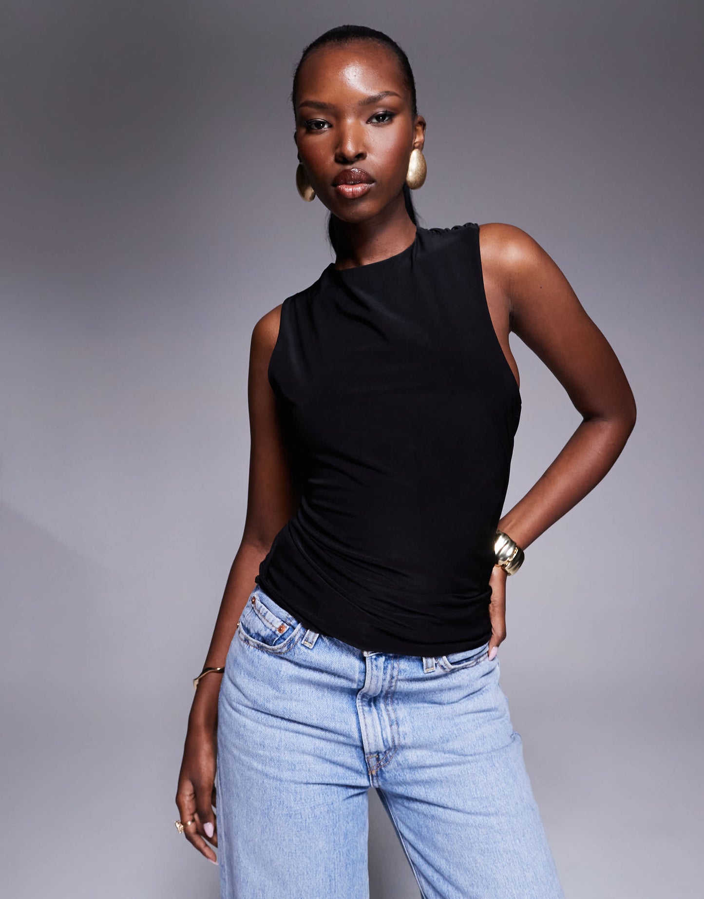 Fashionkilla double sculpted slinky open back drape detail top in black