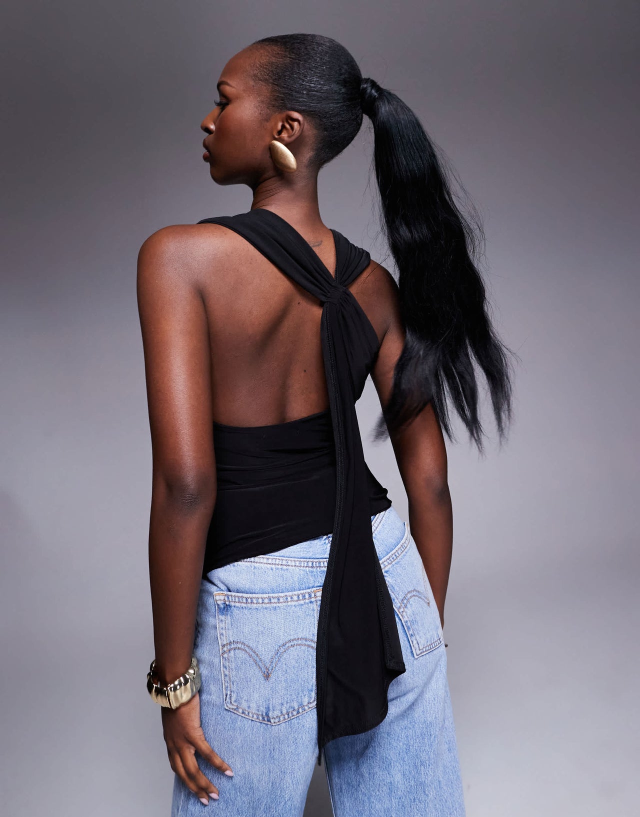Fashionkilla double sculpted slinky open back drape detail top in black