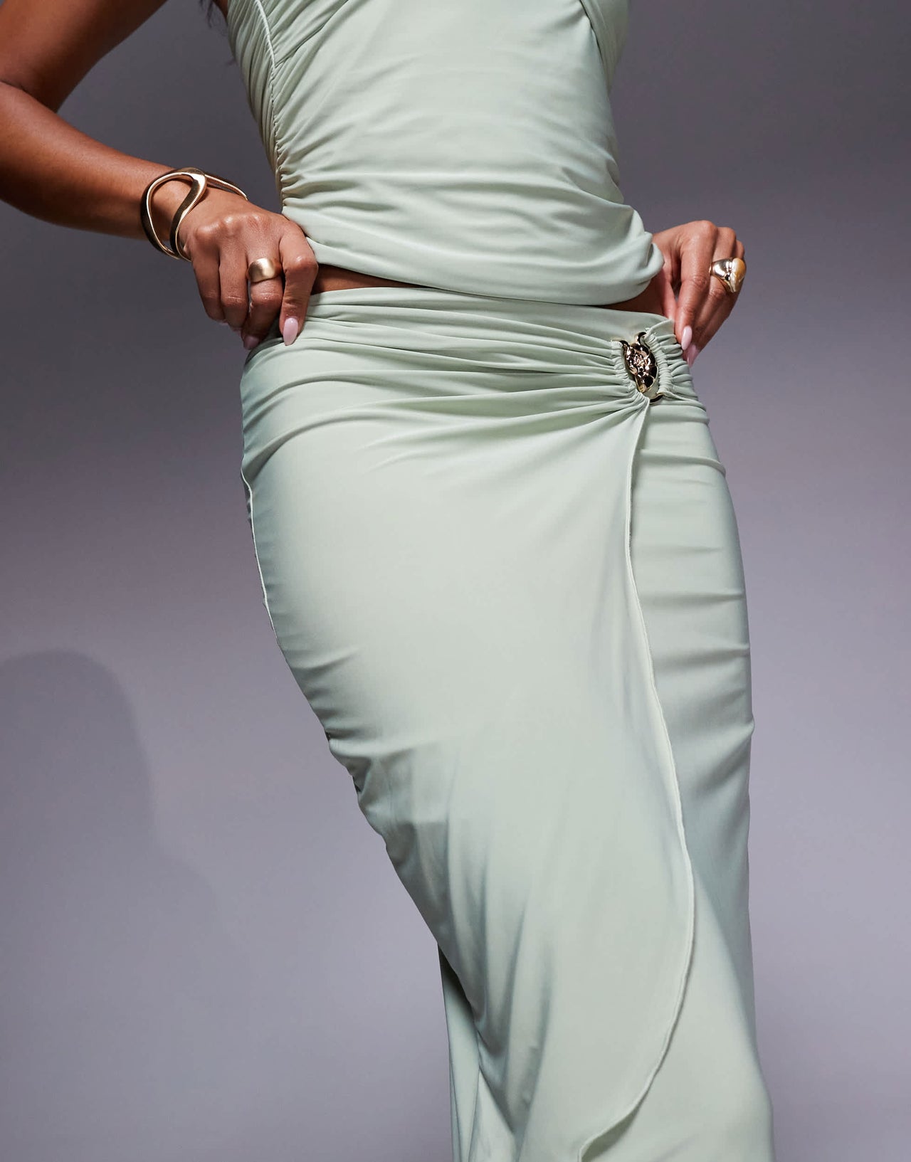 Fashionkilla double sculpted slinky wrap drape metal shell detail maxi skirt co-ord in sage