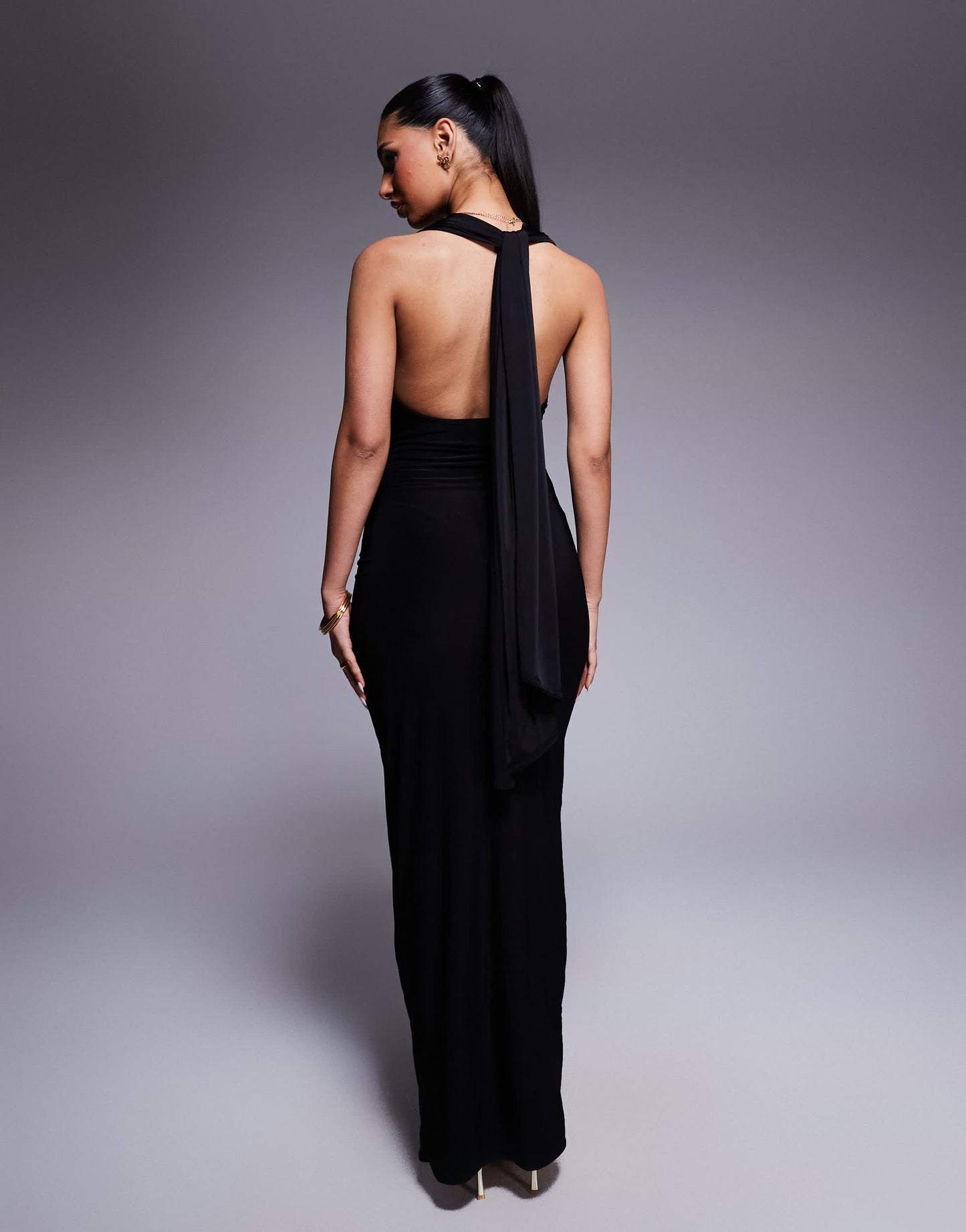 Fashionkilla double sculpted slinky open back knot detail maxi dress in black