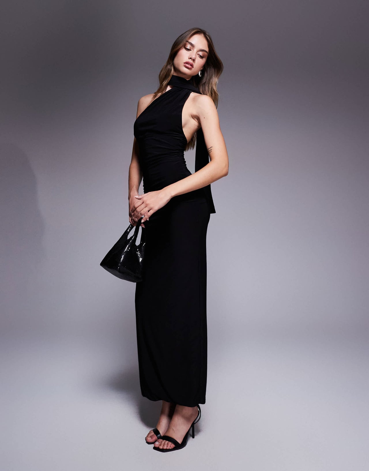 Fashionkilla double sculpted slinky wrap around scarf detail maxi dress in black