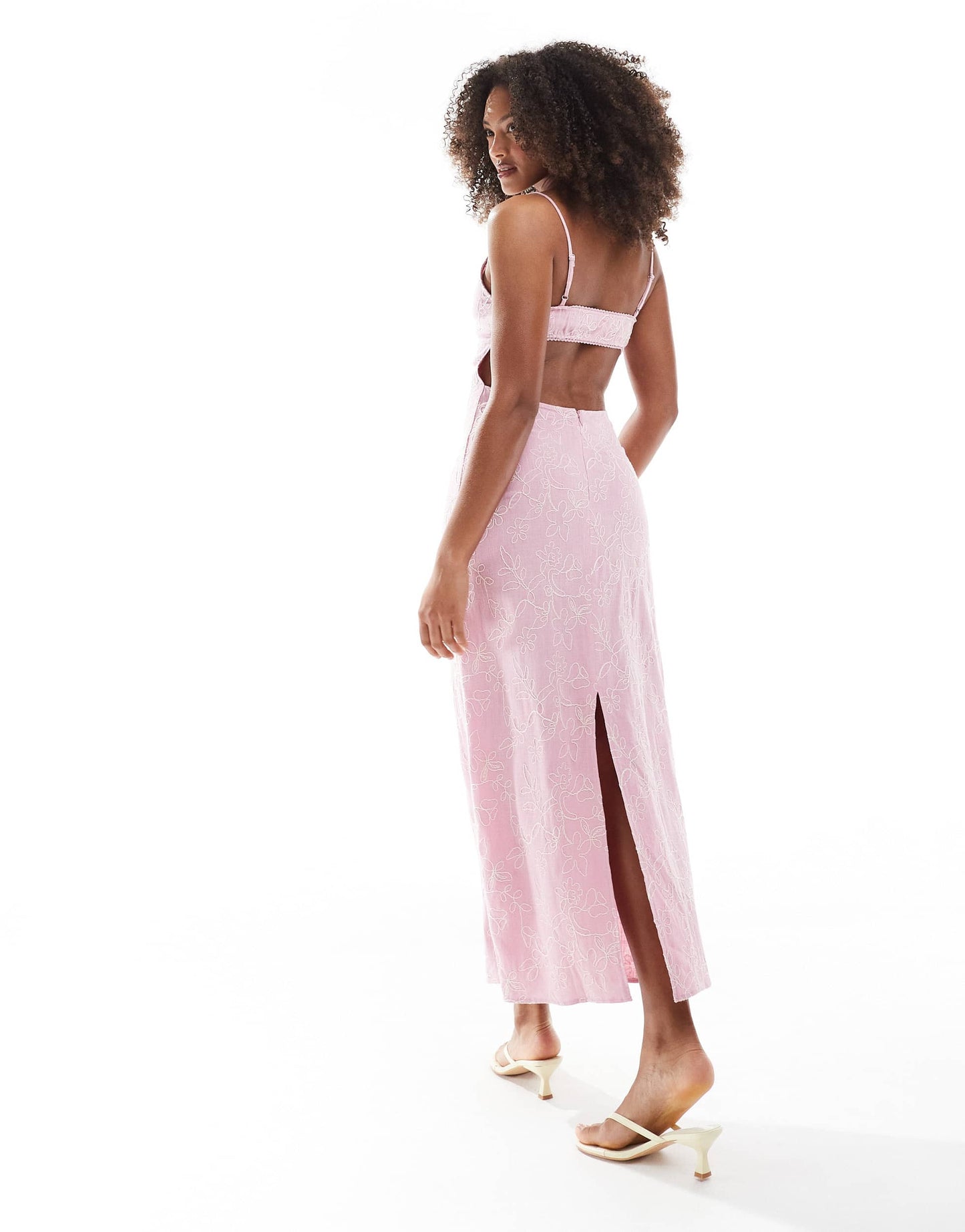Stradivarius embroidered midi dress in pale pink