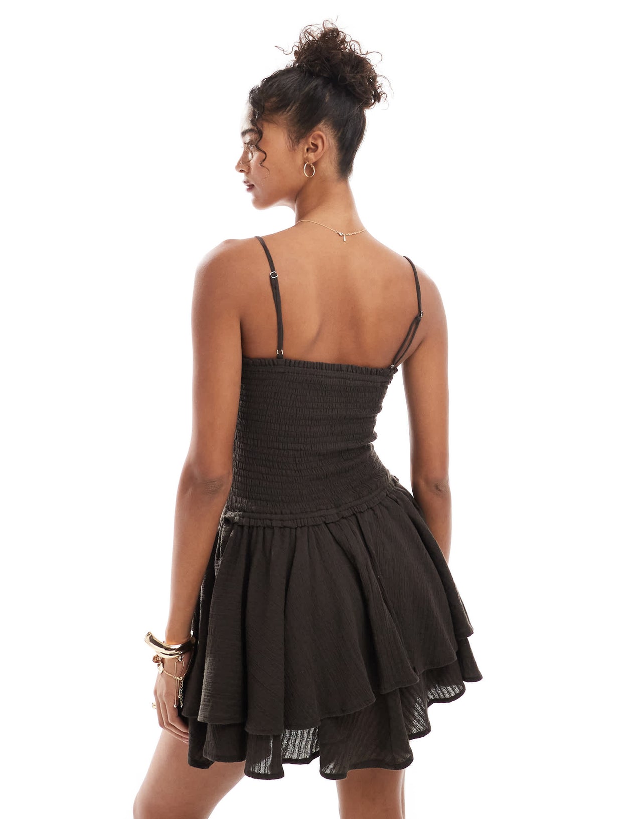 Stradivarius shirred bodice mini dress in brown