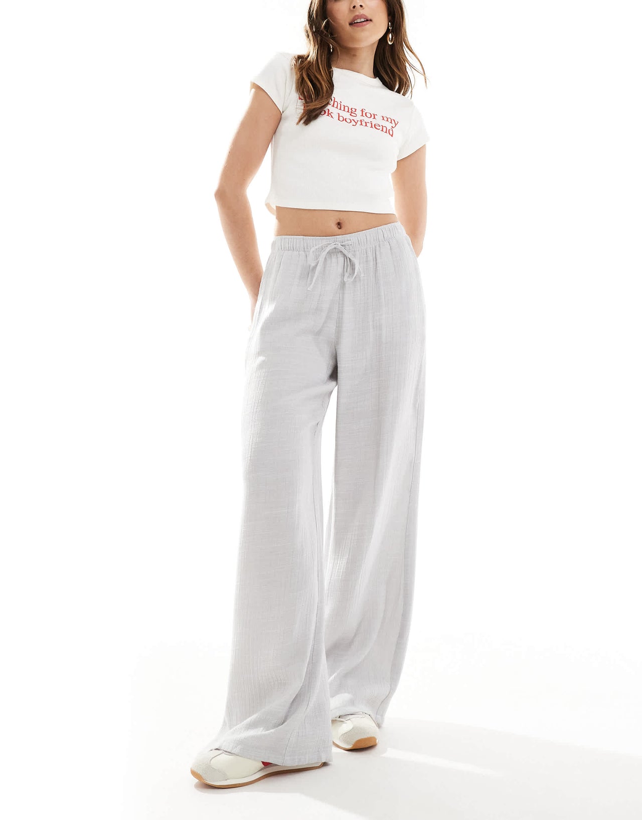 Stradivarius linen look pull on crinkle trouser in light grey