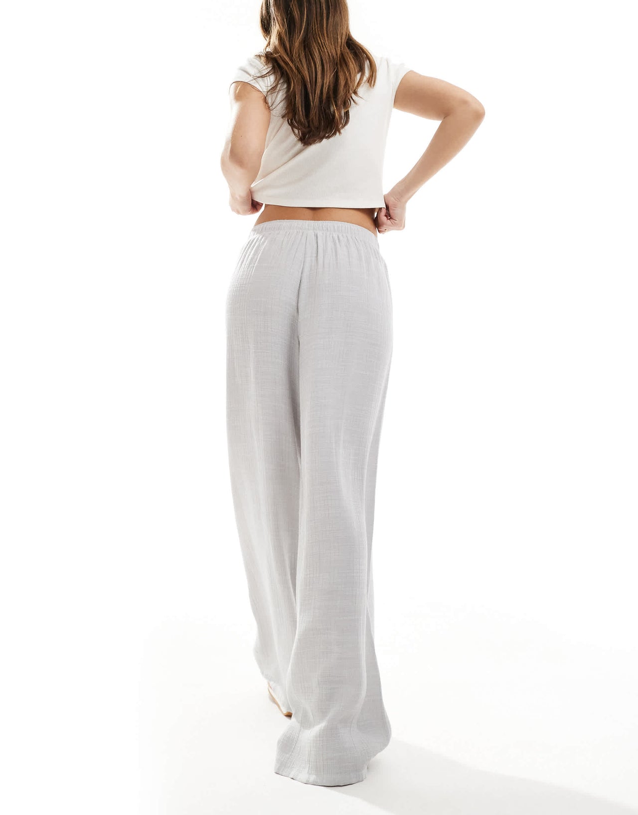 Stradivarius linen look pull on crinkle trouser in light grey