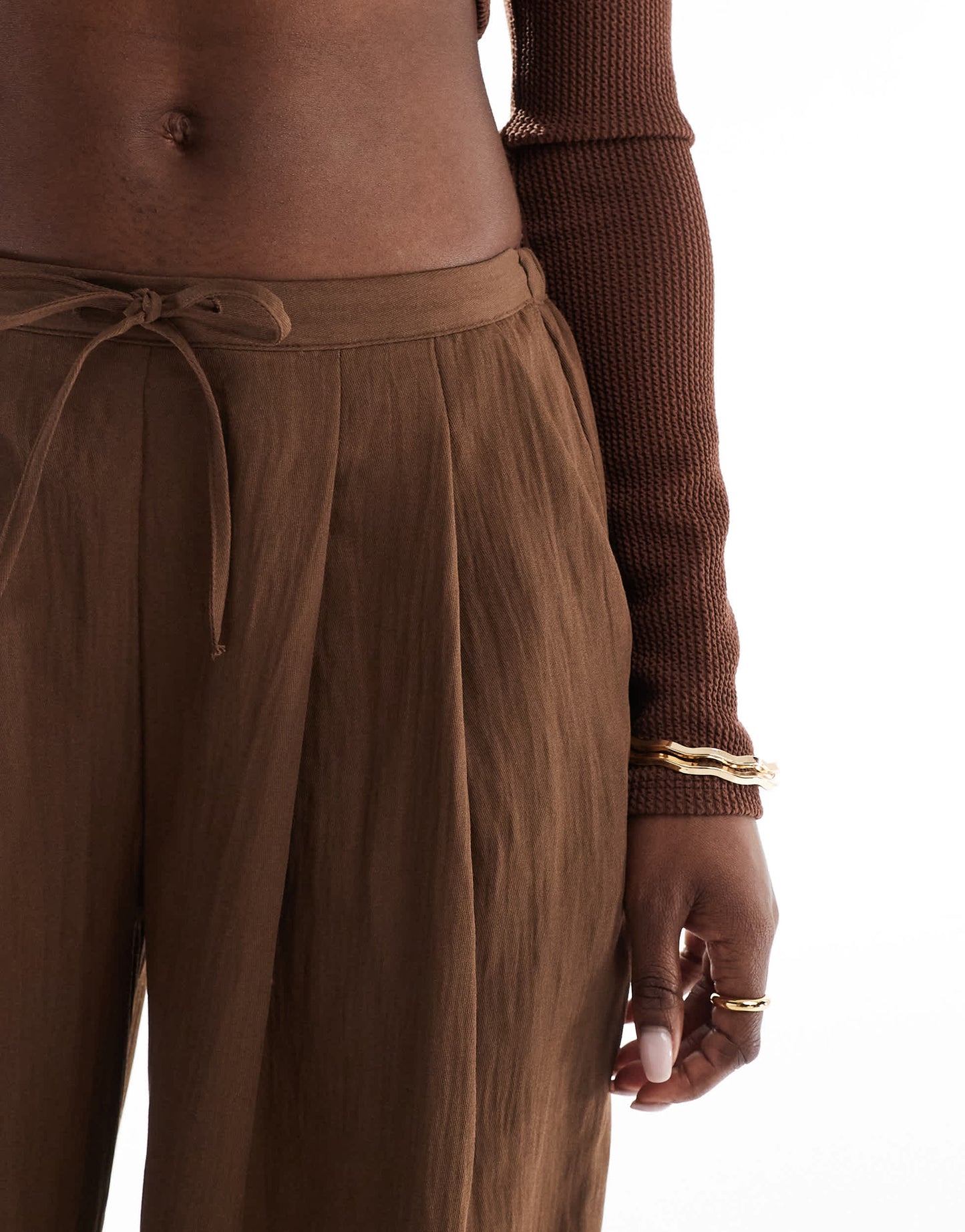 Stradivarius crinkle wide leg trouser in brown