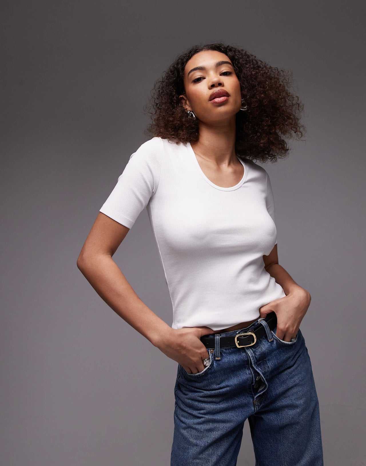 ARKET jersey ribbed t-shirt top with scoop neck in white