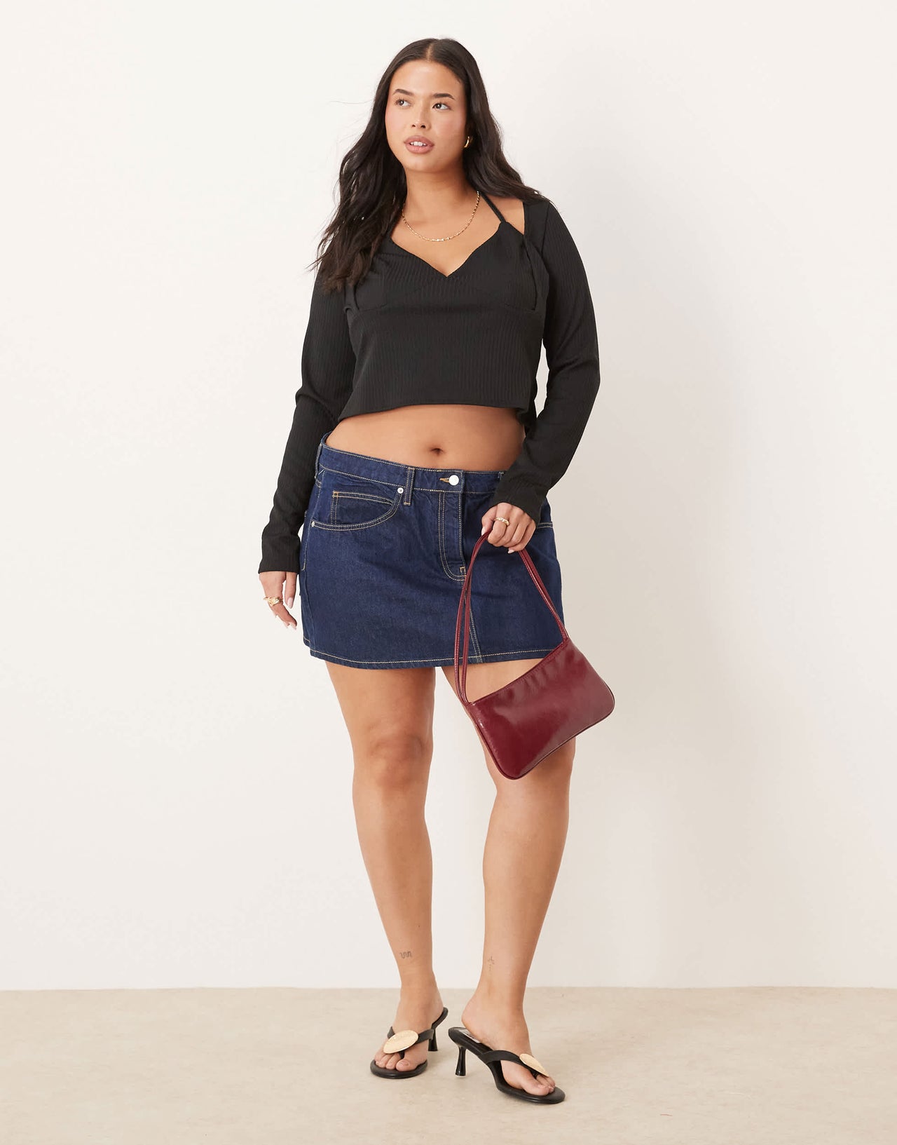 ASOS DESIGN Curve rib halter neck long sleeve top in black