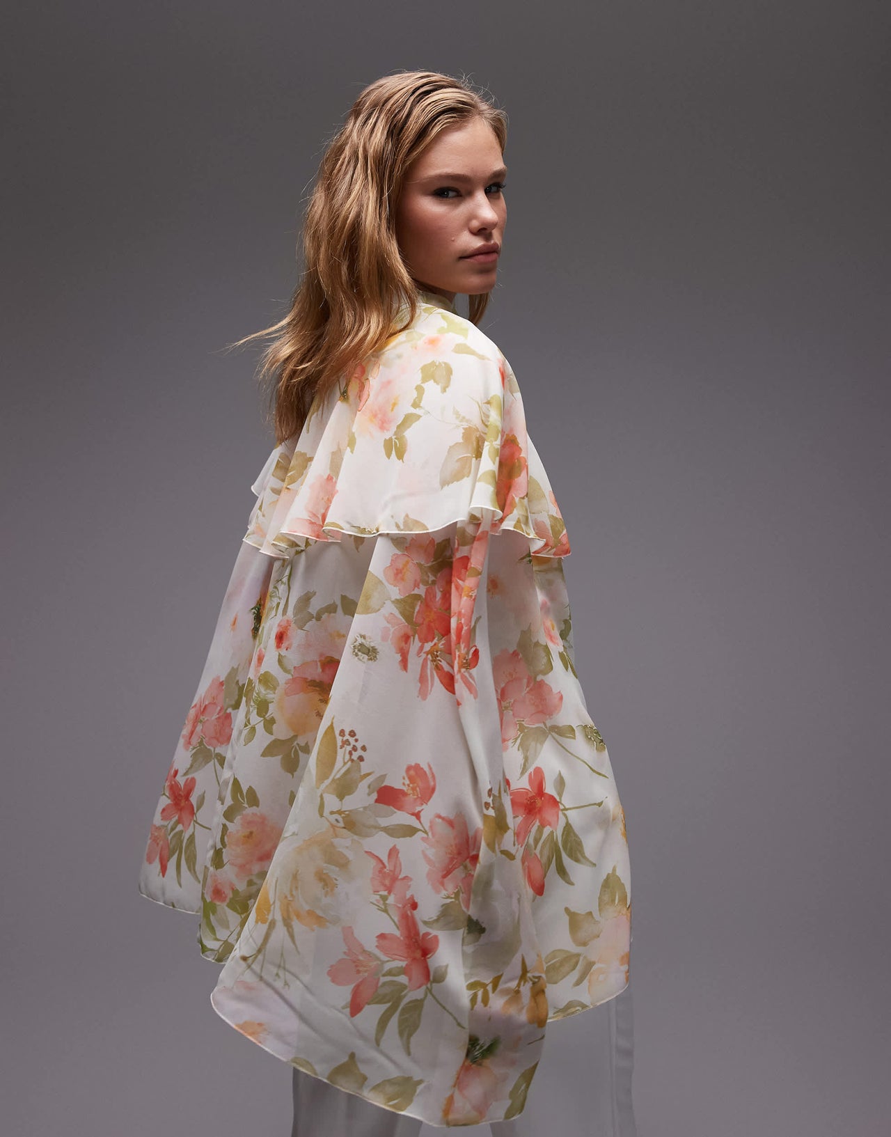 ASOS DESIGN chiffon ruffle tie front cape top in oversized floral
