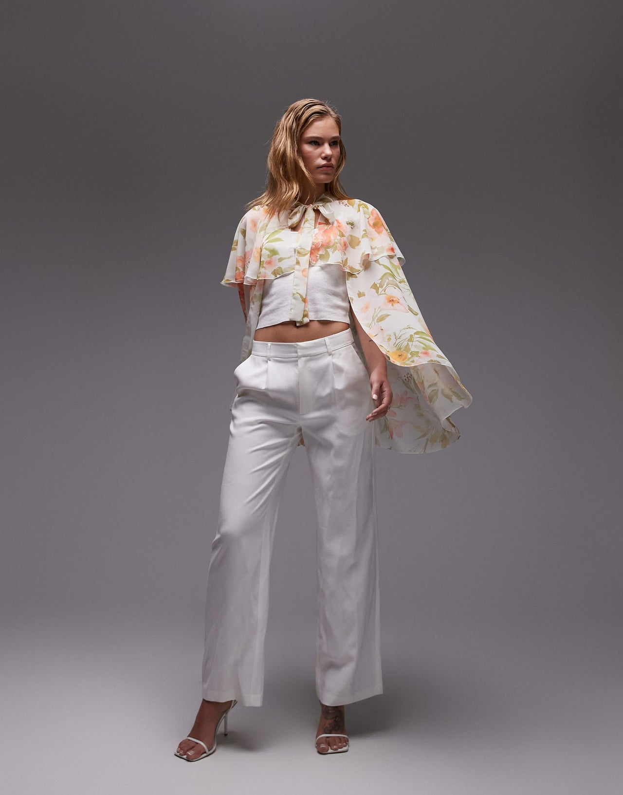ASOS DESIGN chiffon ruffle tie front cape top in oversized floral