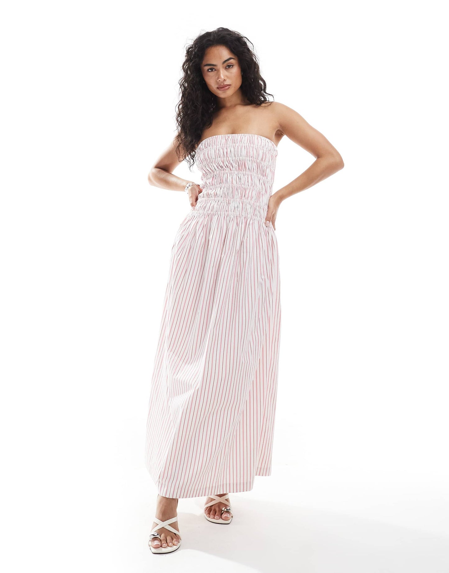 JJXX bandeau shirred dress in pink stripe
