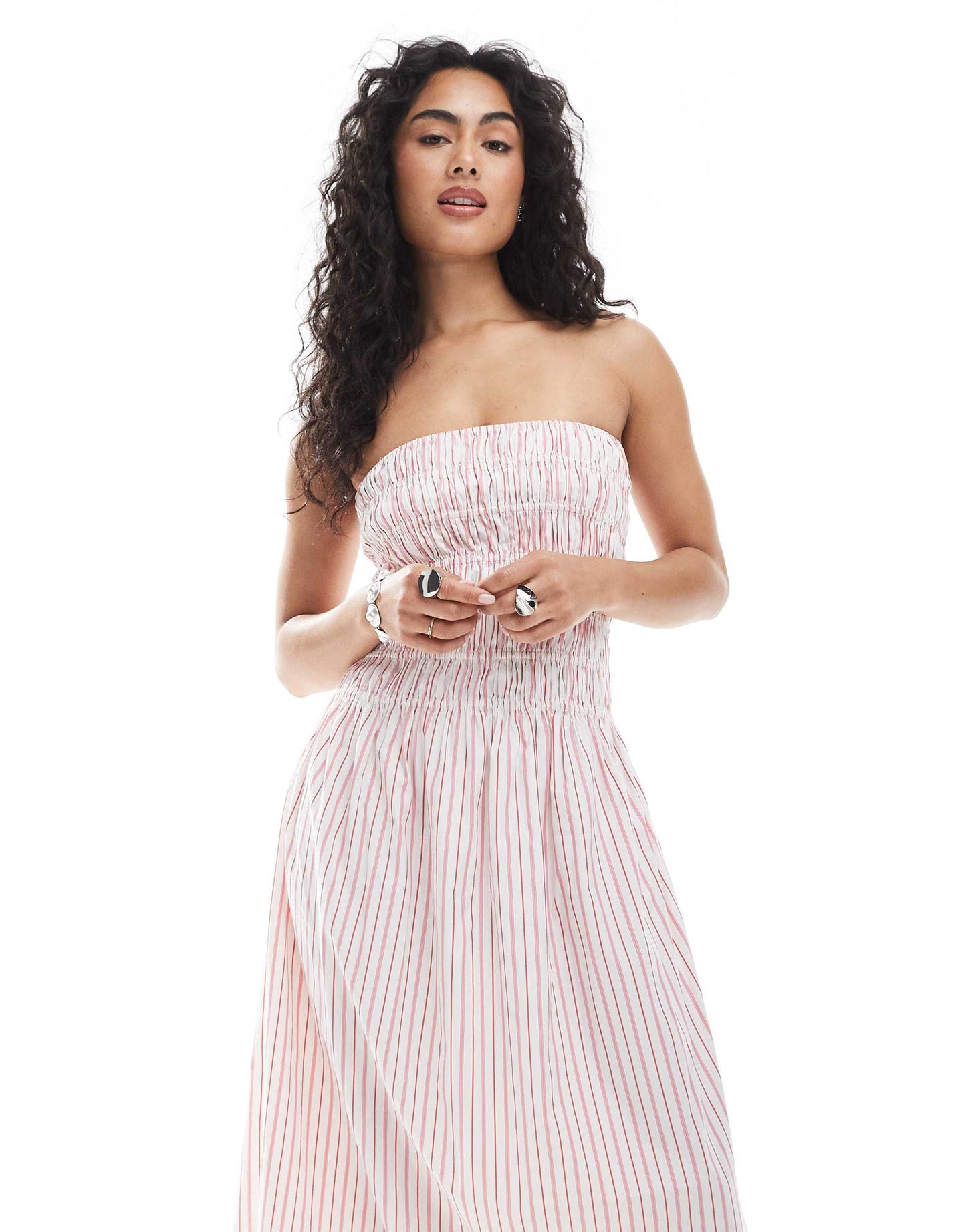 JJXX bandeau shirred dress in pink stripe