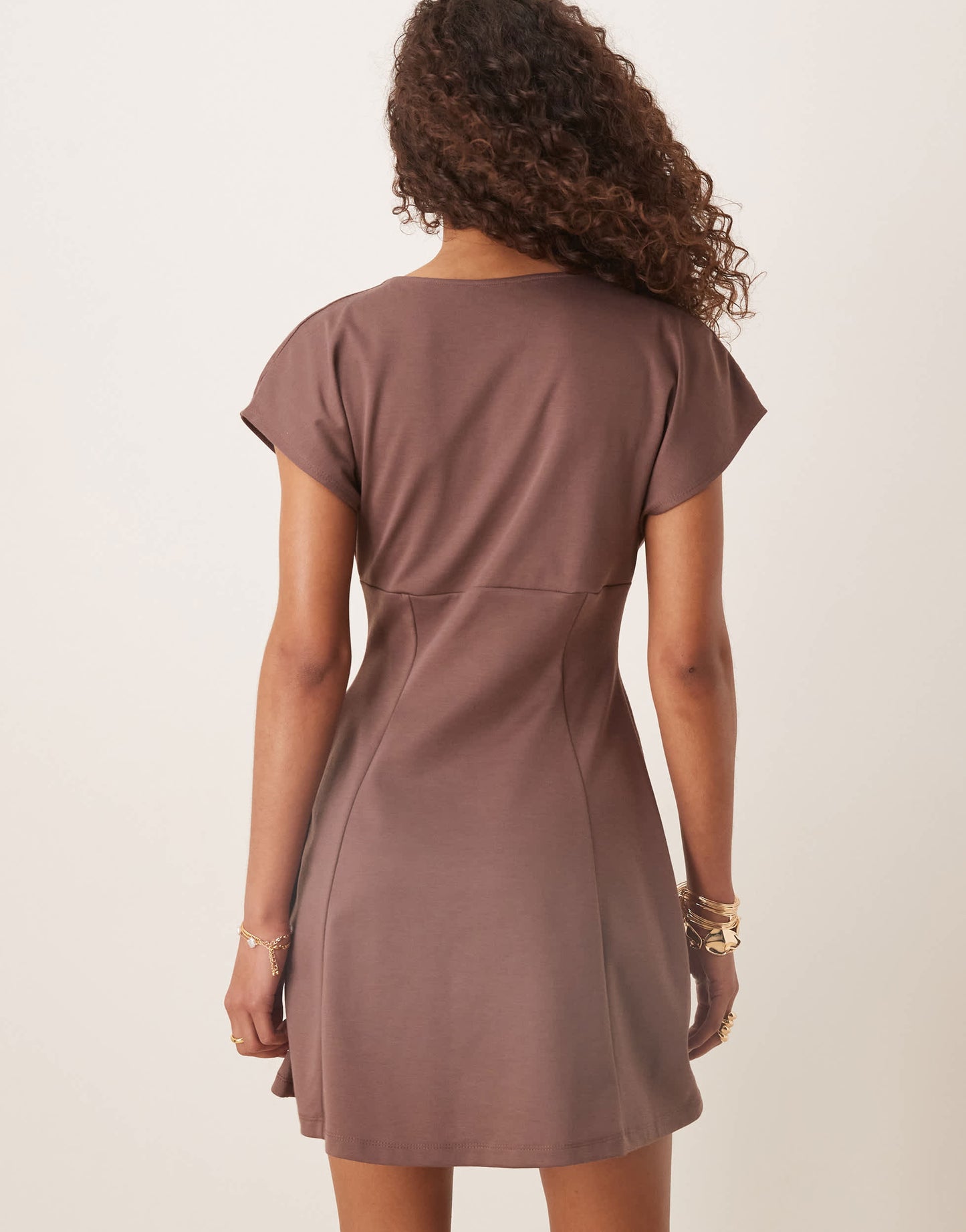 ASOS DESIGN short sleeve plunge seam detail mini dress in mocha